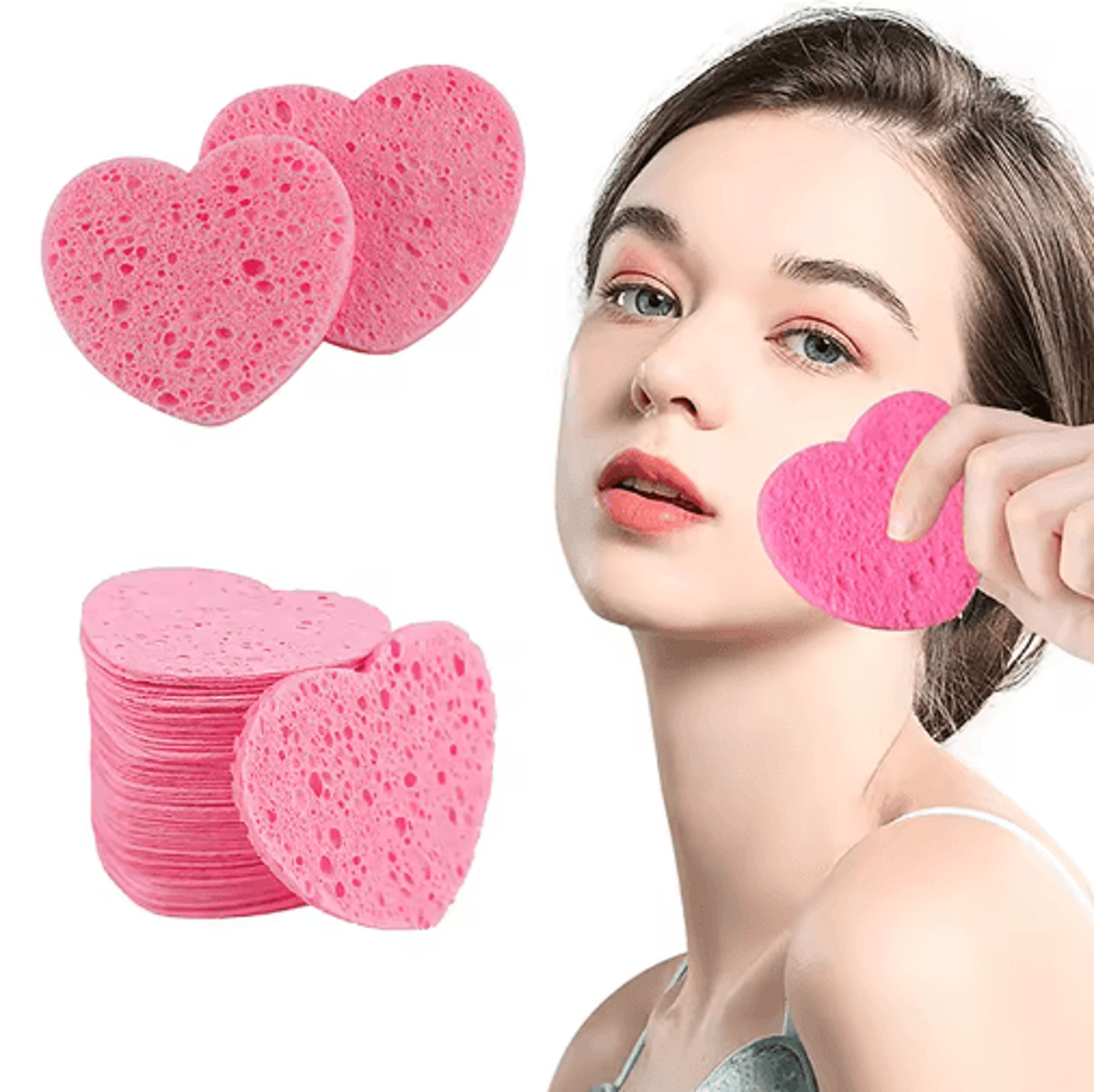 heart cellulose facial cleansing sponge set – natural wood pulp makeup remover & face wash sponge