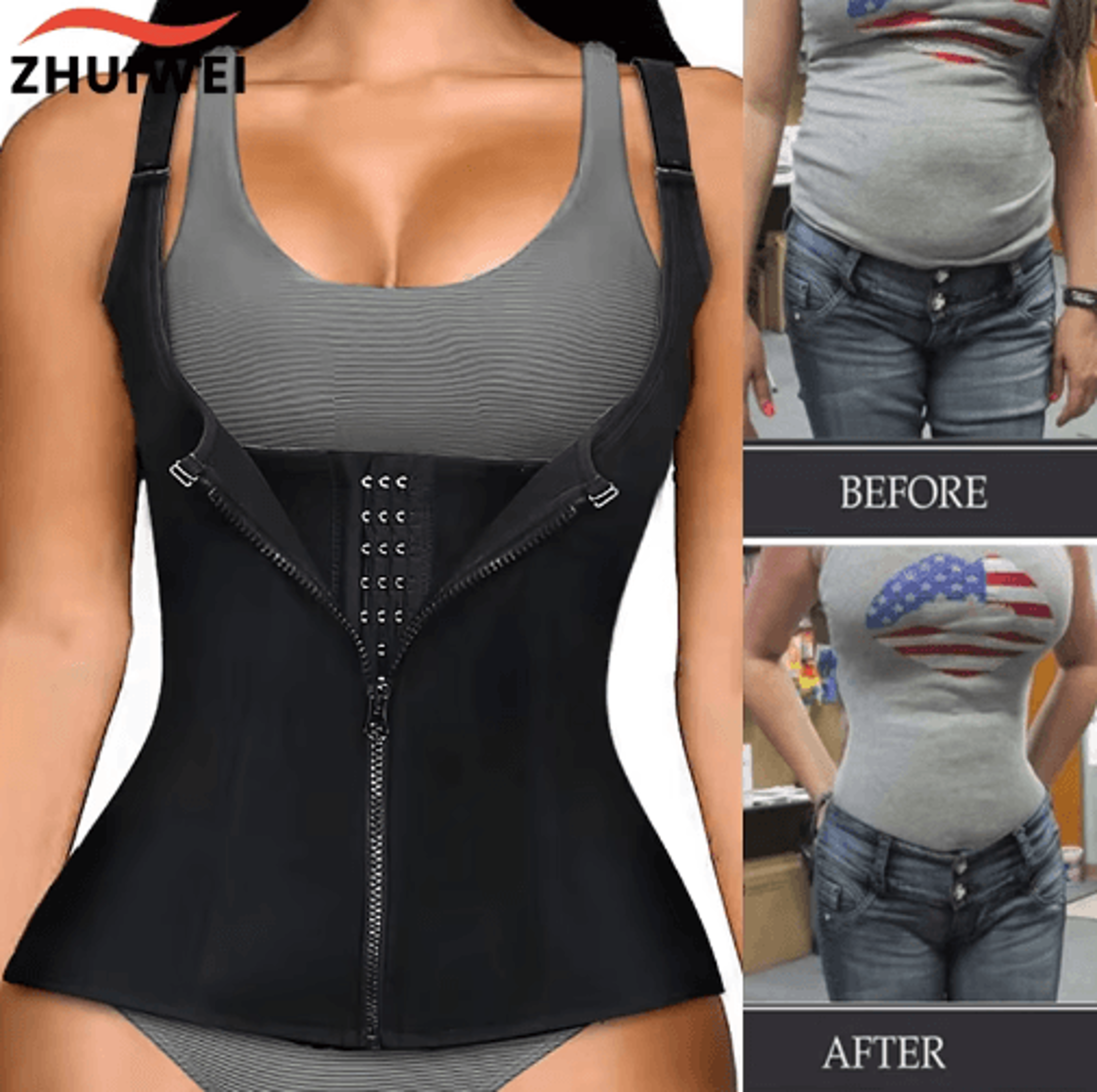 womens neoprene waist trainer corset – zipper body shaper vest & sauna slimming belt