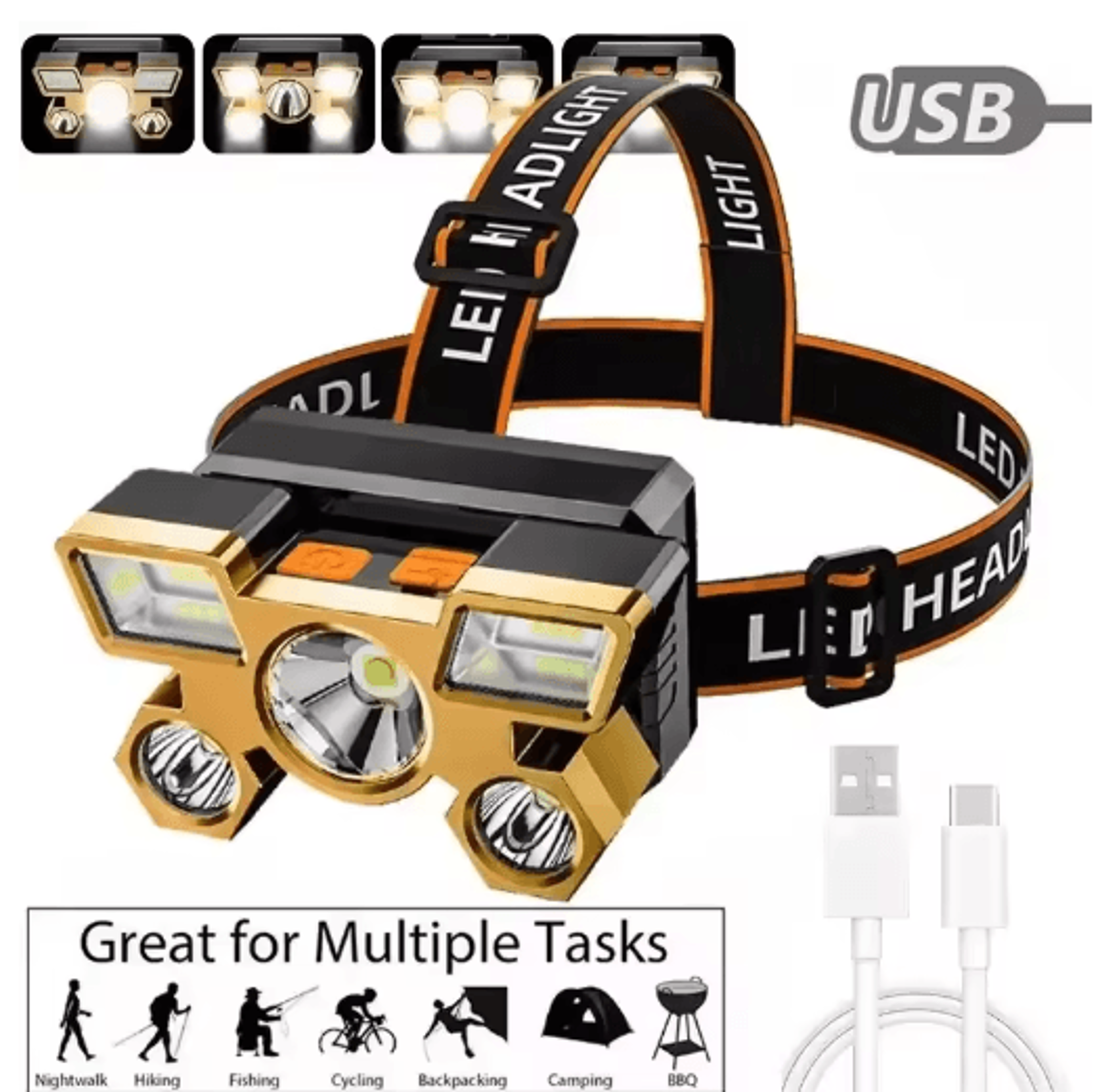 rechargeable led headlamp, led head flashlight, camping headlamp, hiking headlight, hands-free flashlight