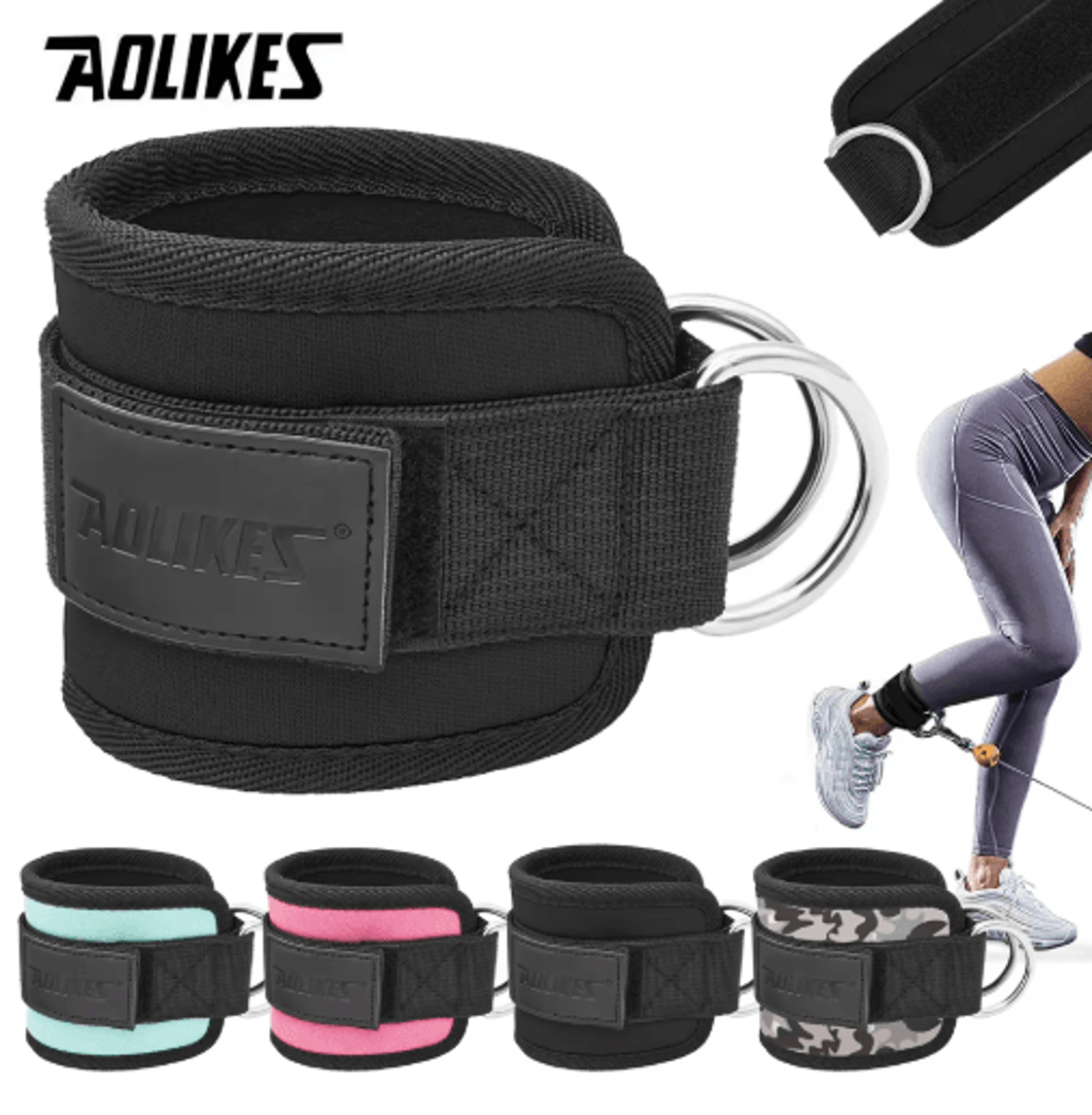aolikes adjustable d-ring ankle straps – padded cable machine cuffs for glute & leg workouts