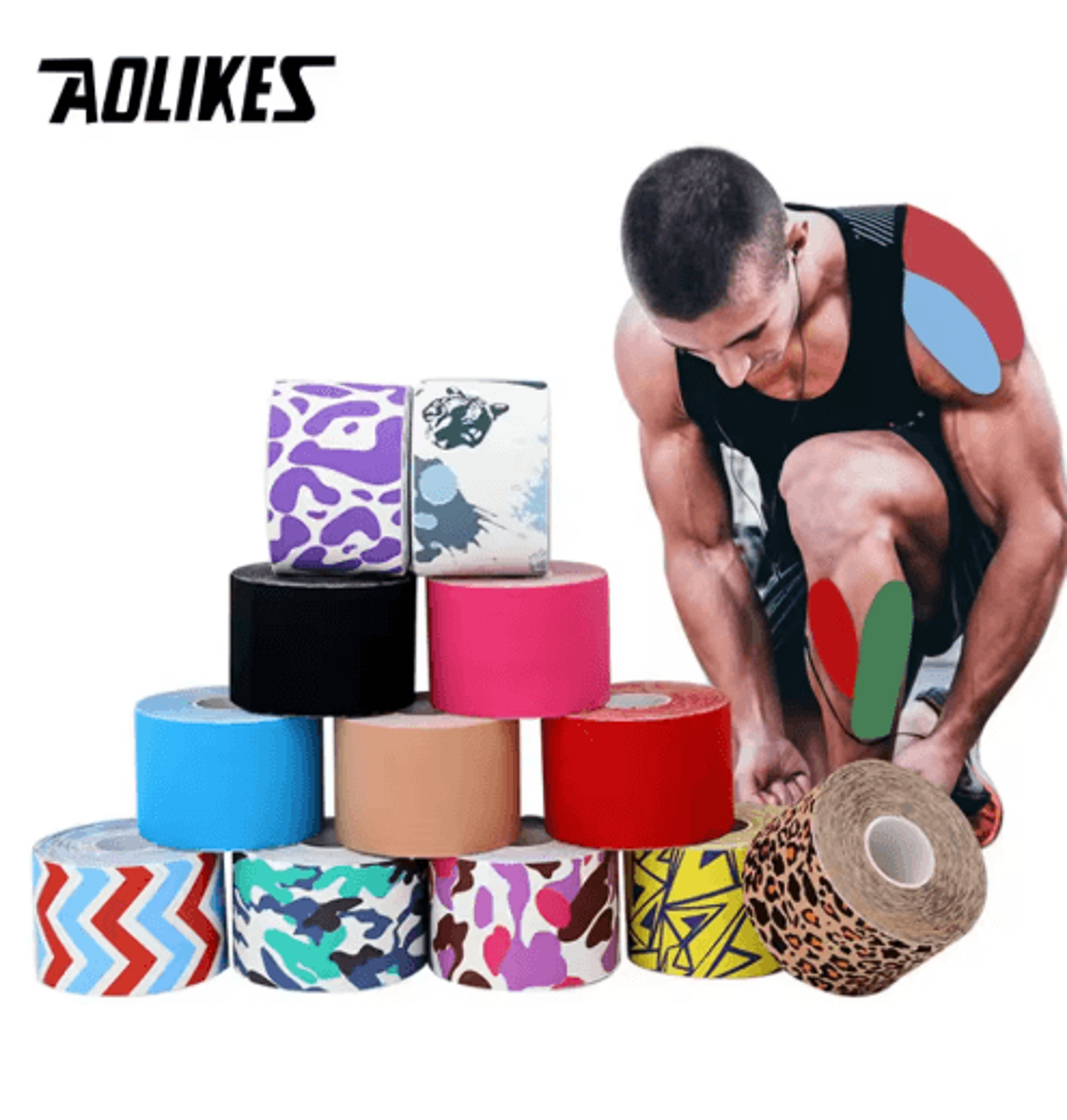 aolikes kinesiology tape 5cm – waterproof cotton sports tape with printed design for muscle support & athletic performan