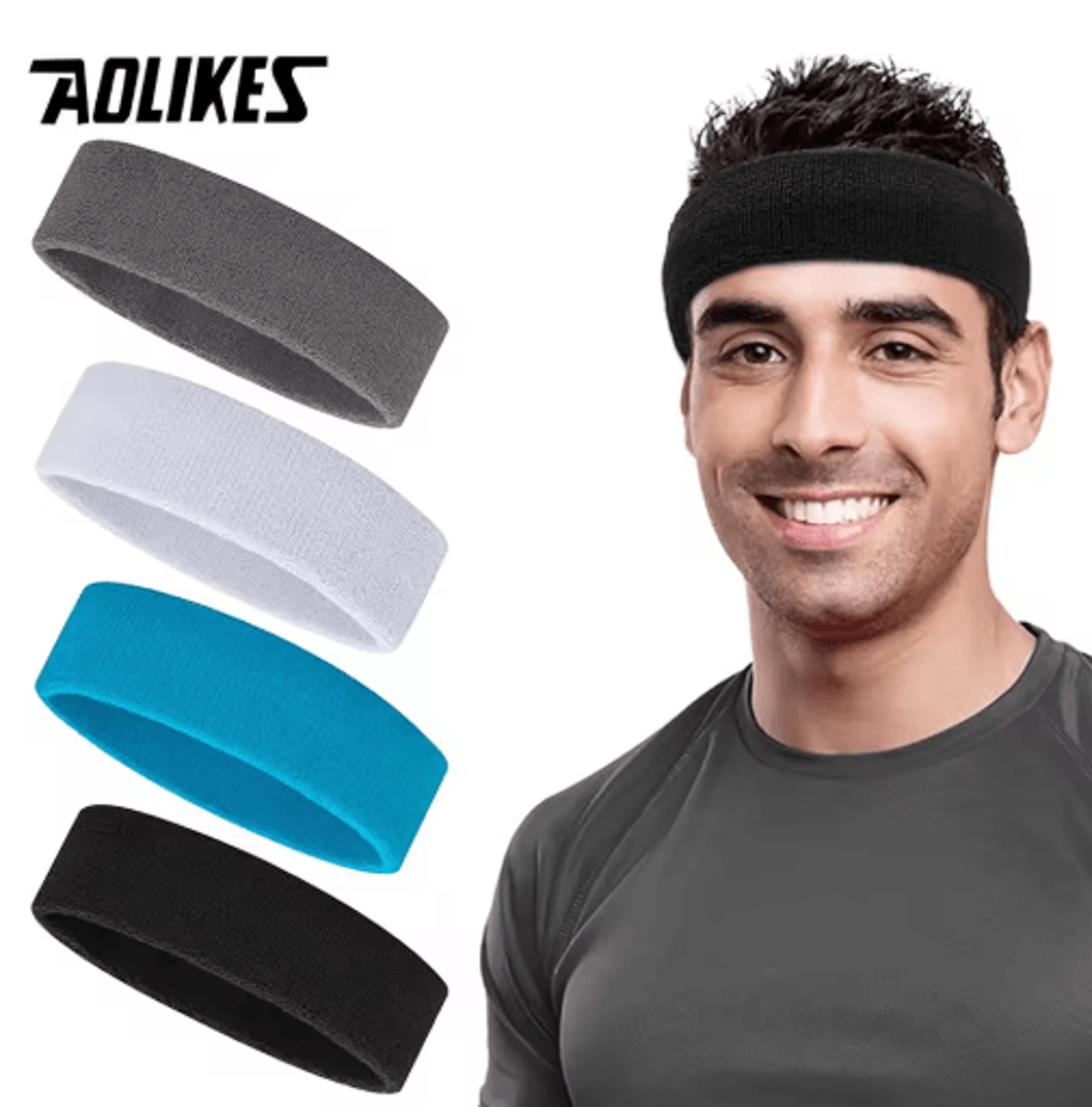 aolikes sports headband – cotton sweat headband moisture-wicking terry cloth for tennis, basketball, football & fitness
