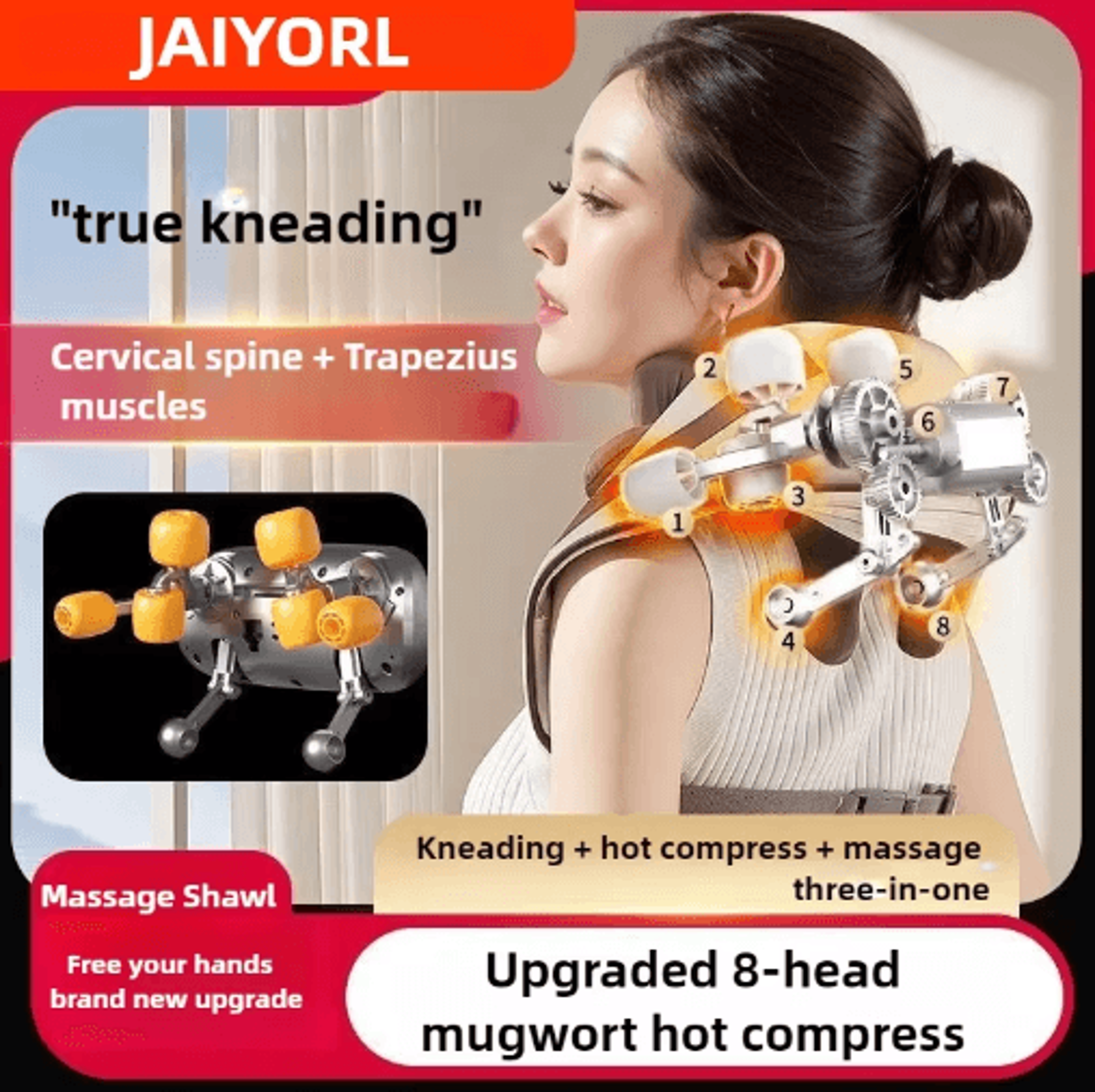 8-head wireless neck & shoulder massager with heat – rechargeable kneading massage shawl for back, waist & trapezius