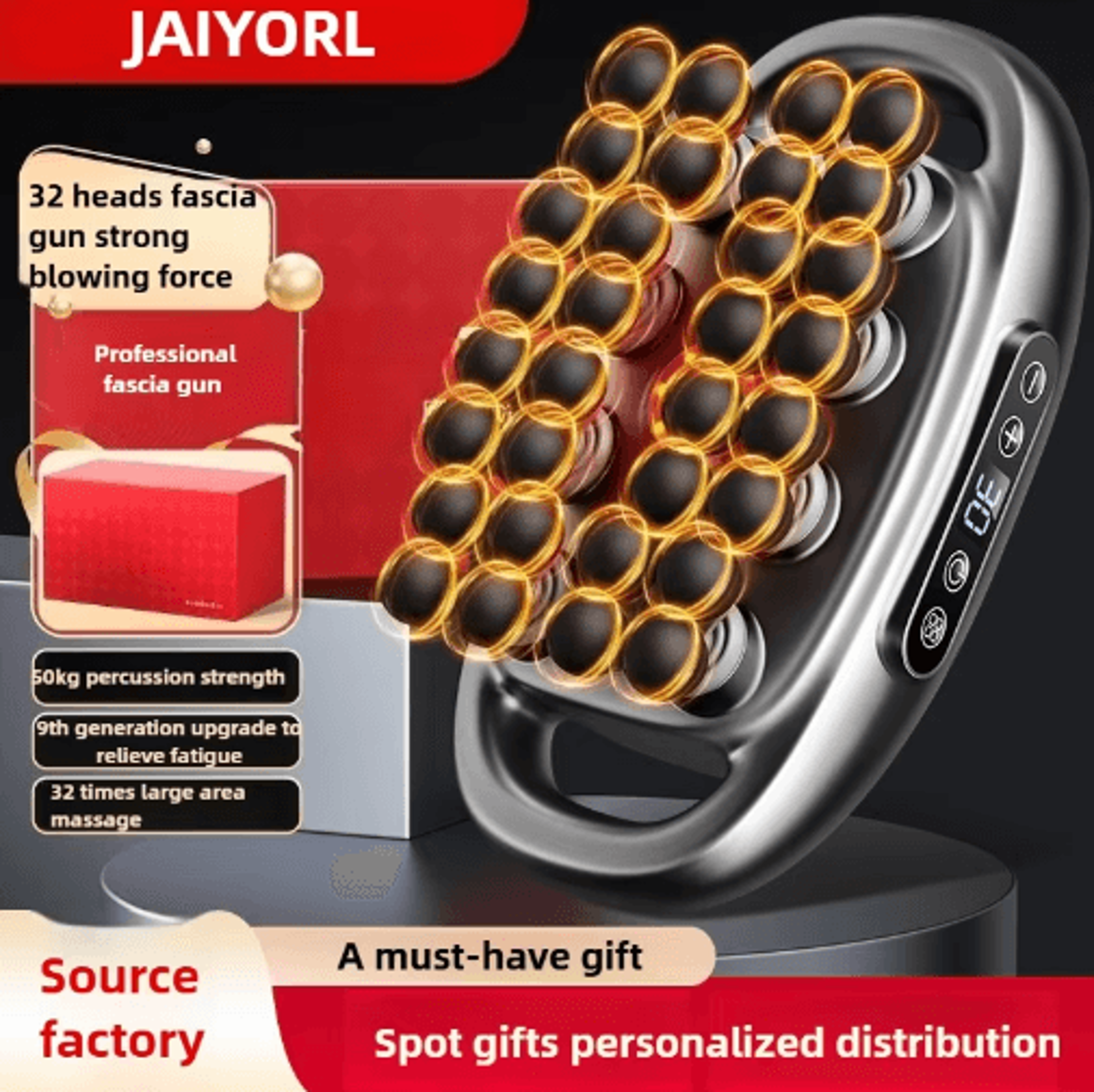 32-head deep tissue massage gun – wireless percussion muscle massager with red light therapy