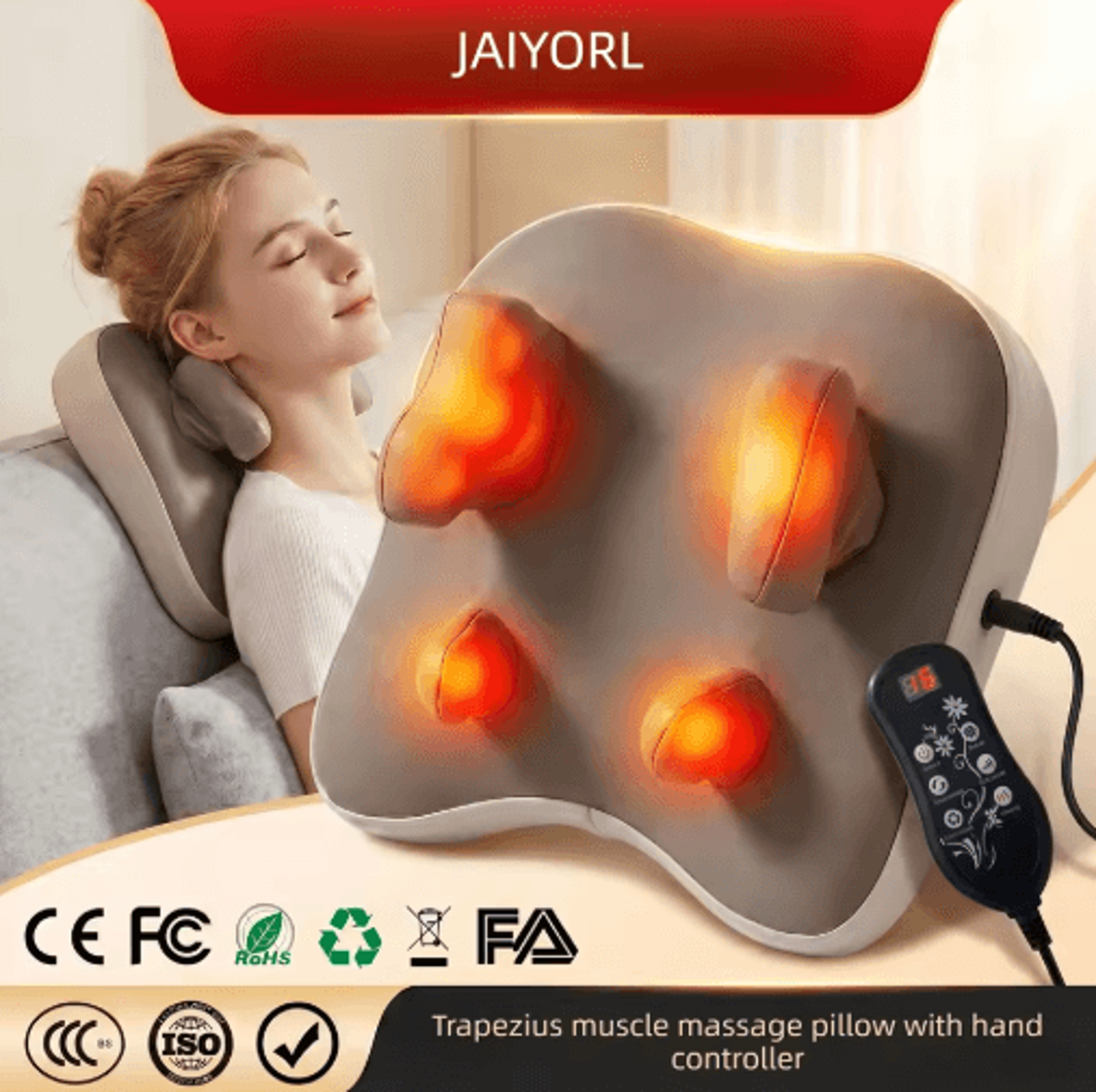 jaiyorl wireless shiatsu trapezius massage pillow with heat – rechargeable neck, shoulder & back massager