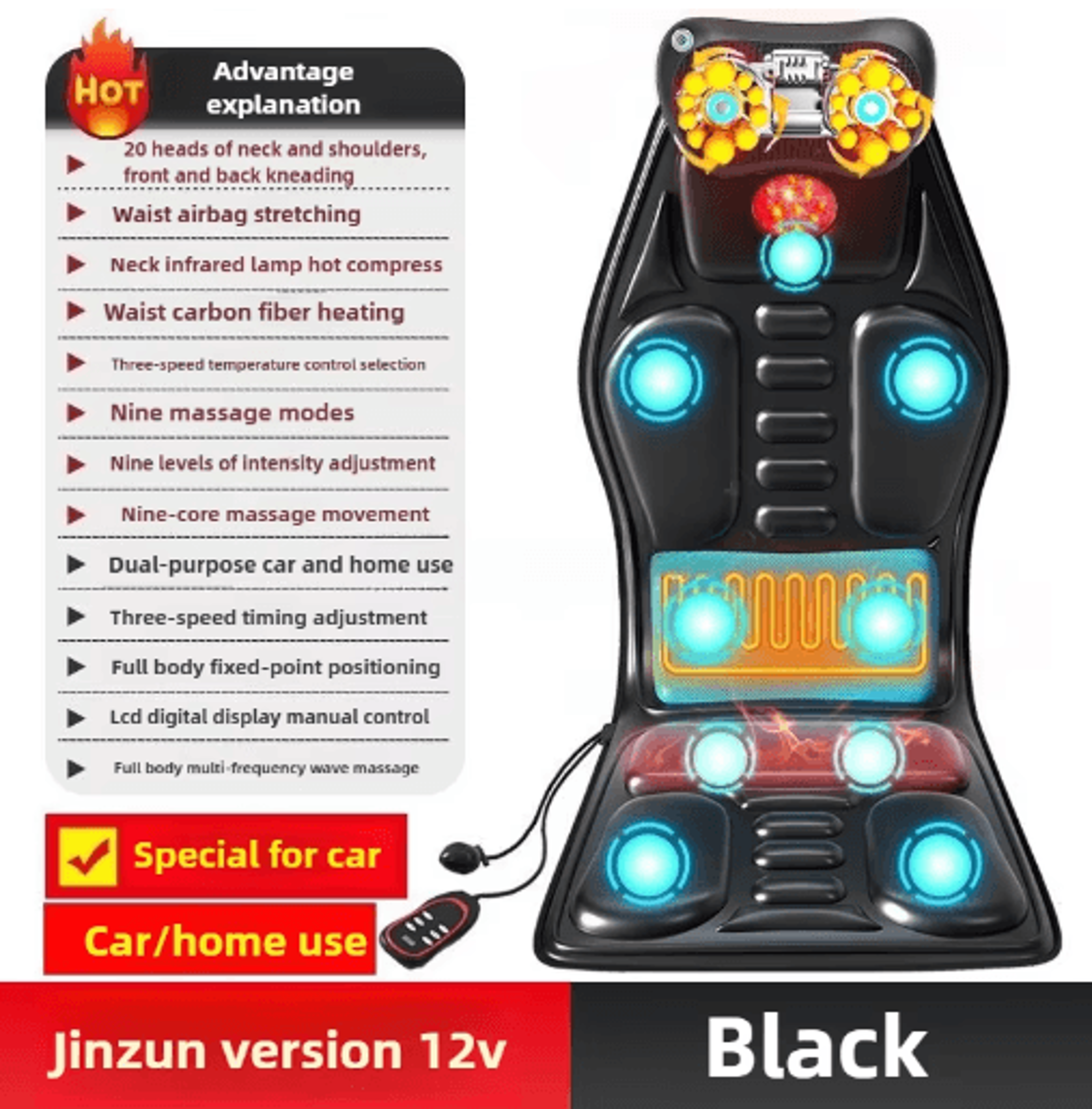 heated massage seat cushion with adjustable lumbar airbag for home & office chairs
