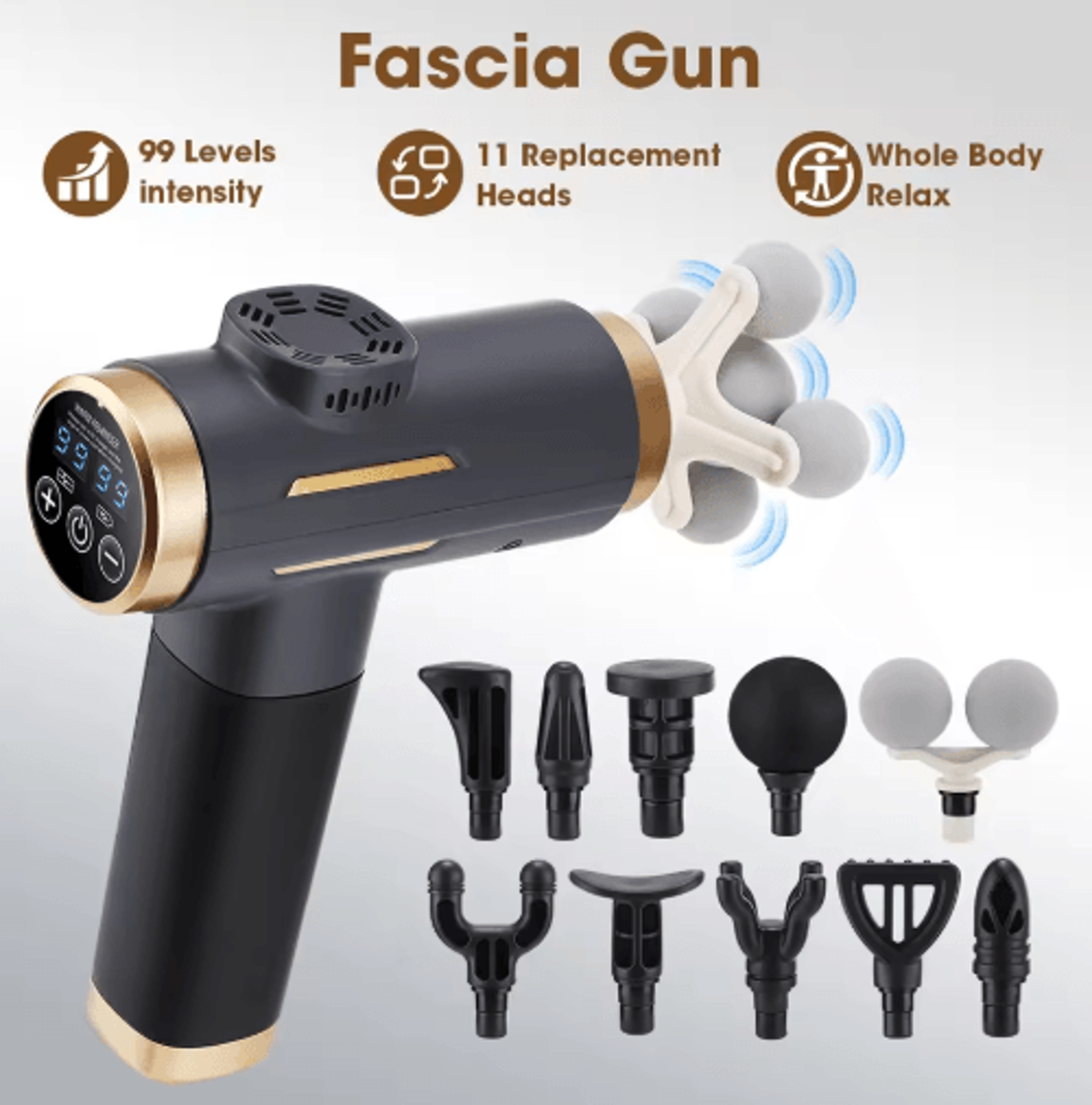 99-level deep tissue massage gun with lcd display & 11 massage heads