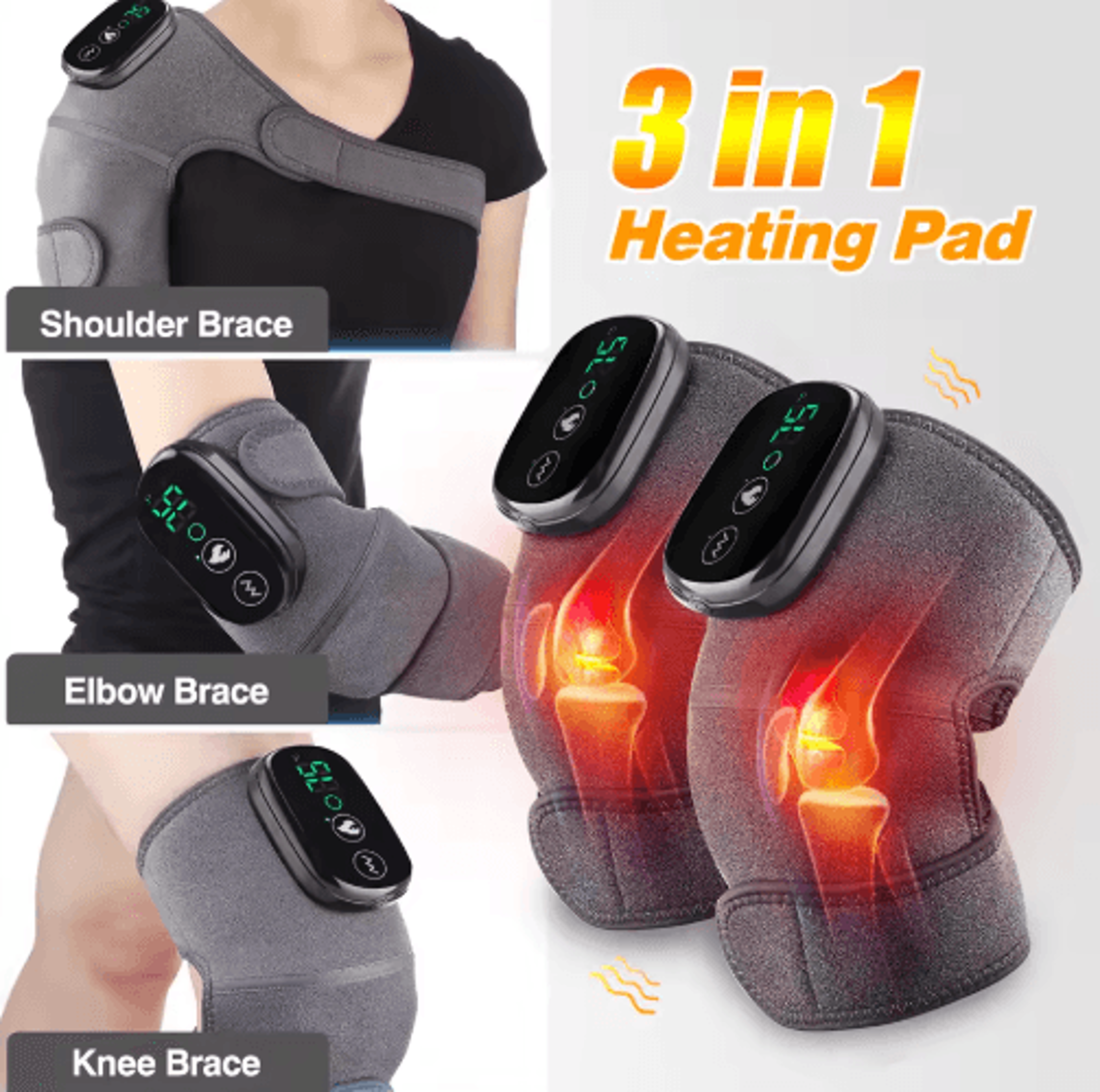 3-in-1 heated knee, shoulder & elbow massager with vibration and rechargeable battery