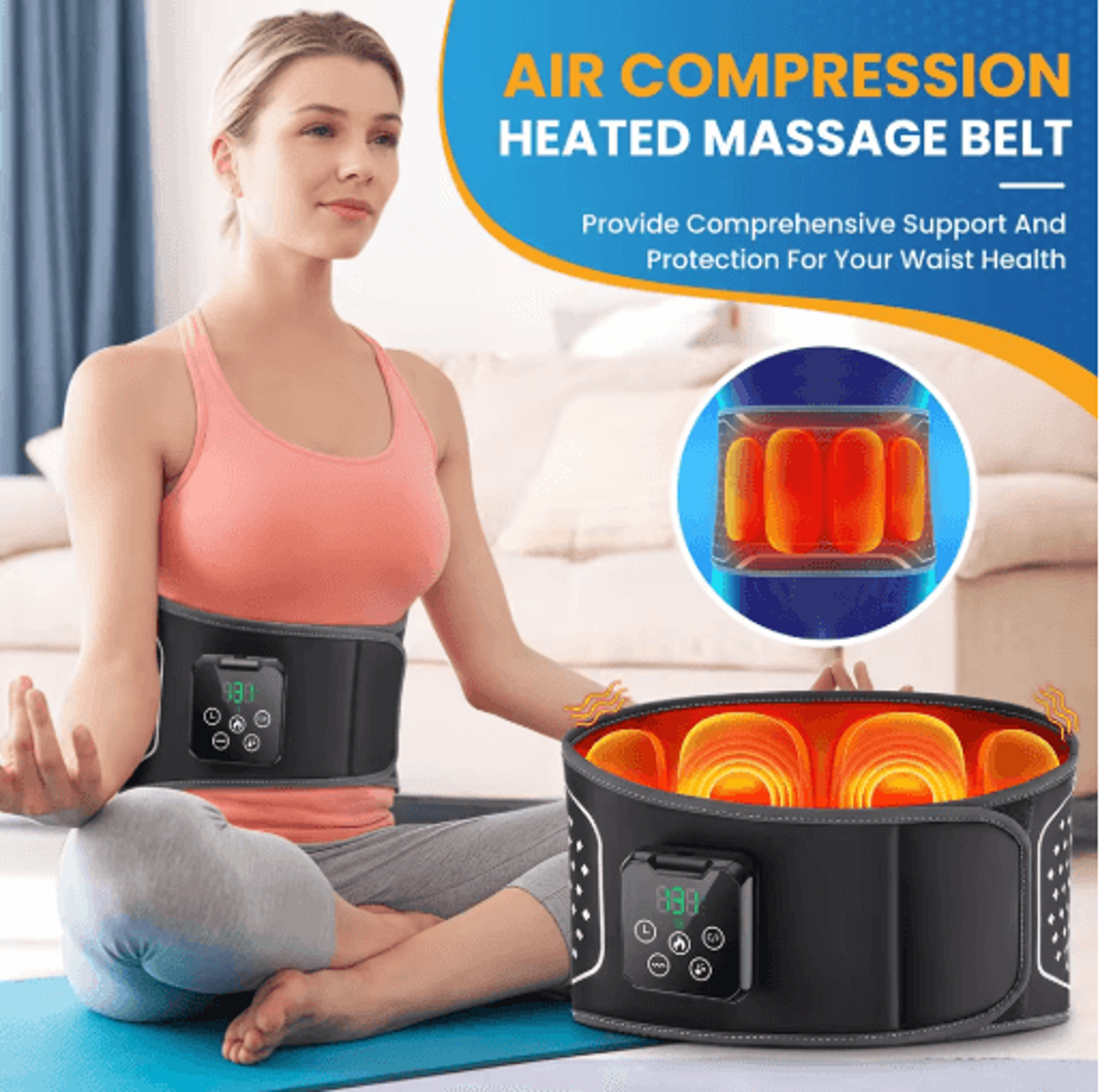 inflatable lumbar support belt with heat & vibration for lower back comfort