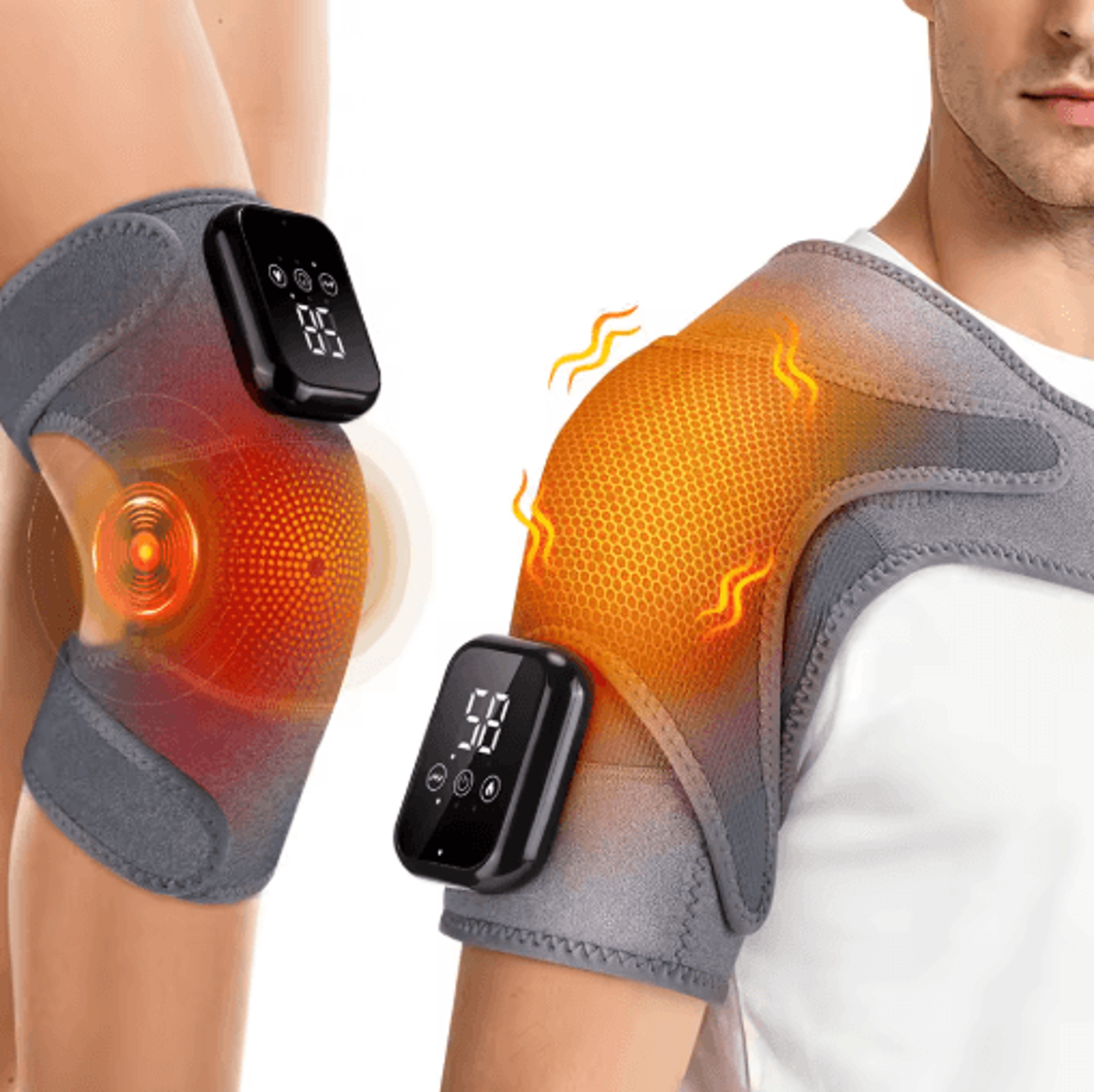 cordless heated massage pad set for shoulder, knee & wrist with 3 heat levels & vibration