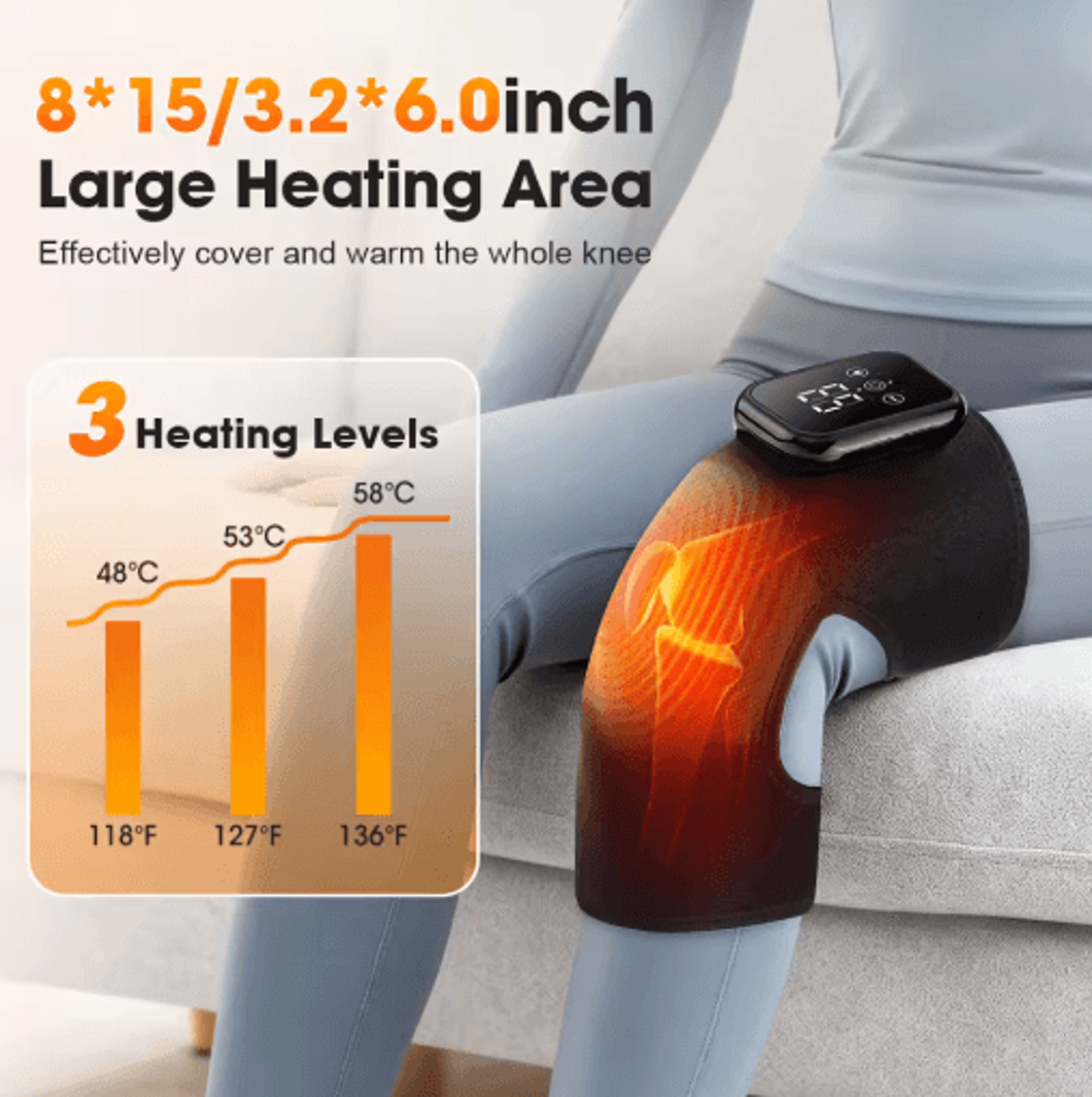 cordless heated knee massager with large heating area & 3-level vibration