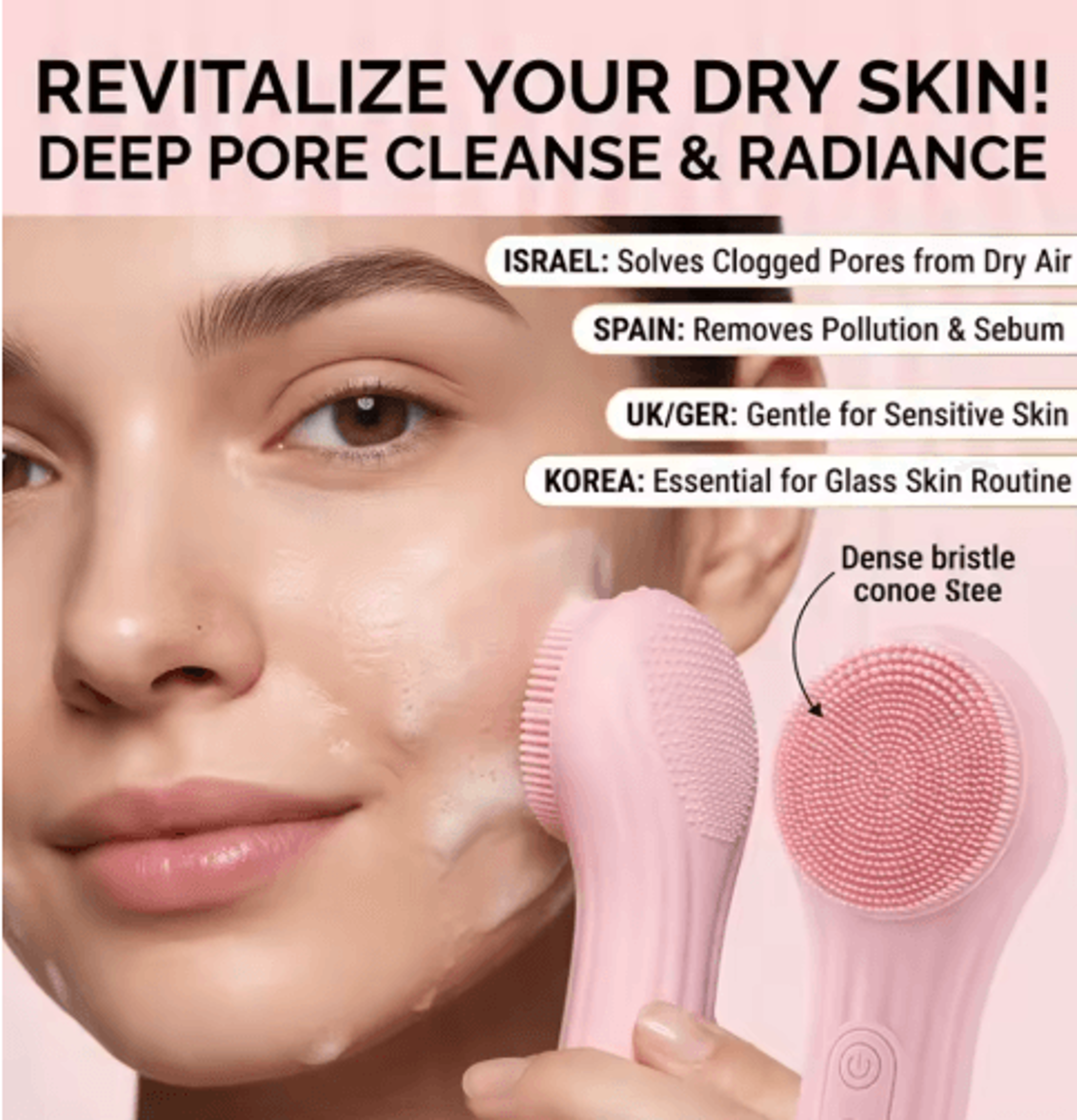 2-in-1 electric silicone facial cleansing brush with sonic vibration & heat massage