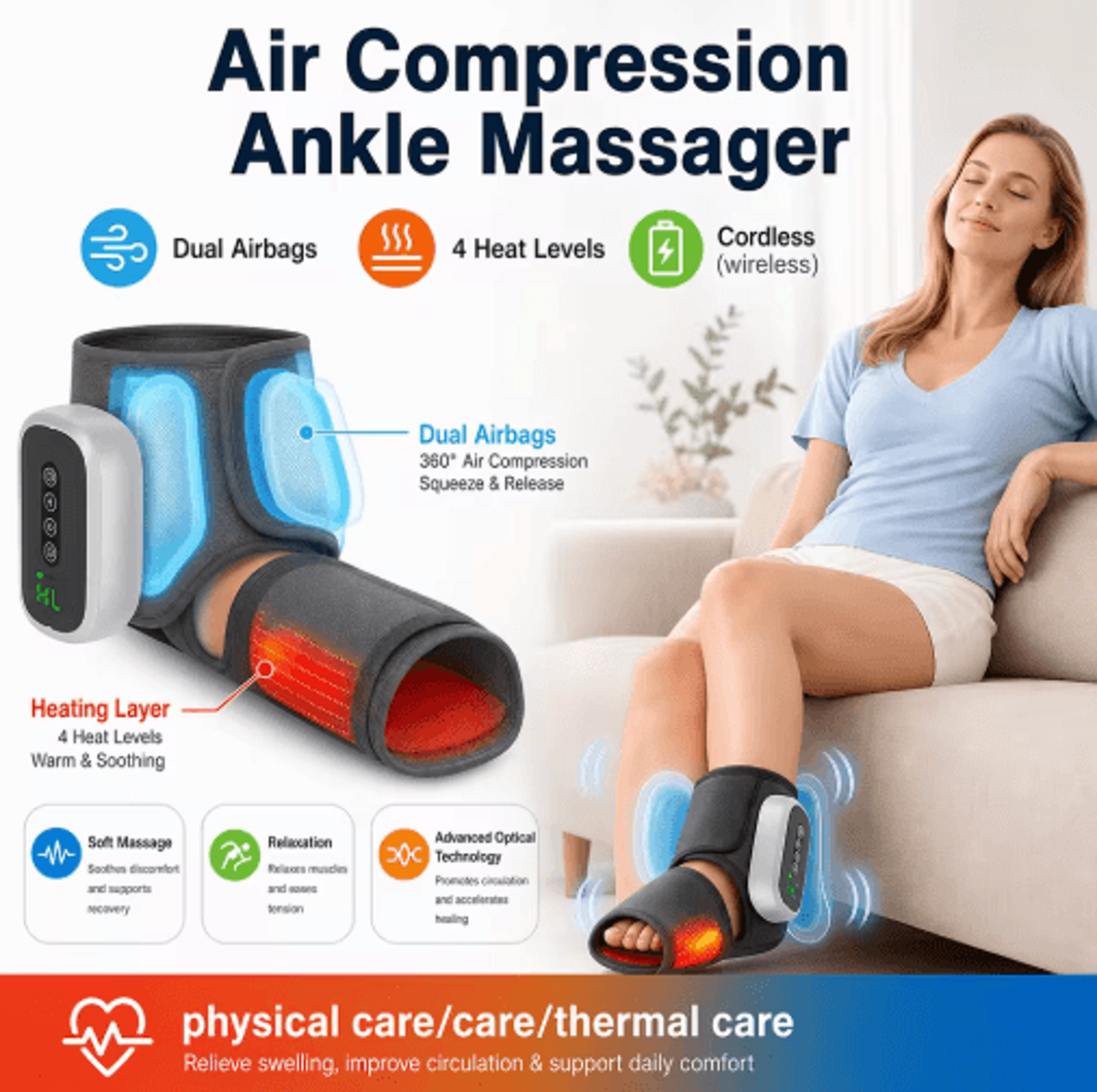 cordless heated ankle air compression massager with 3 modes & 4 intensity levels