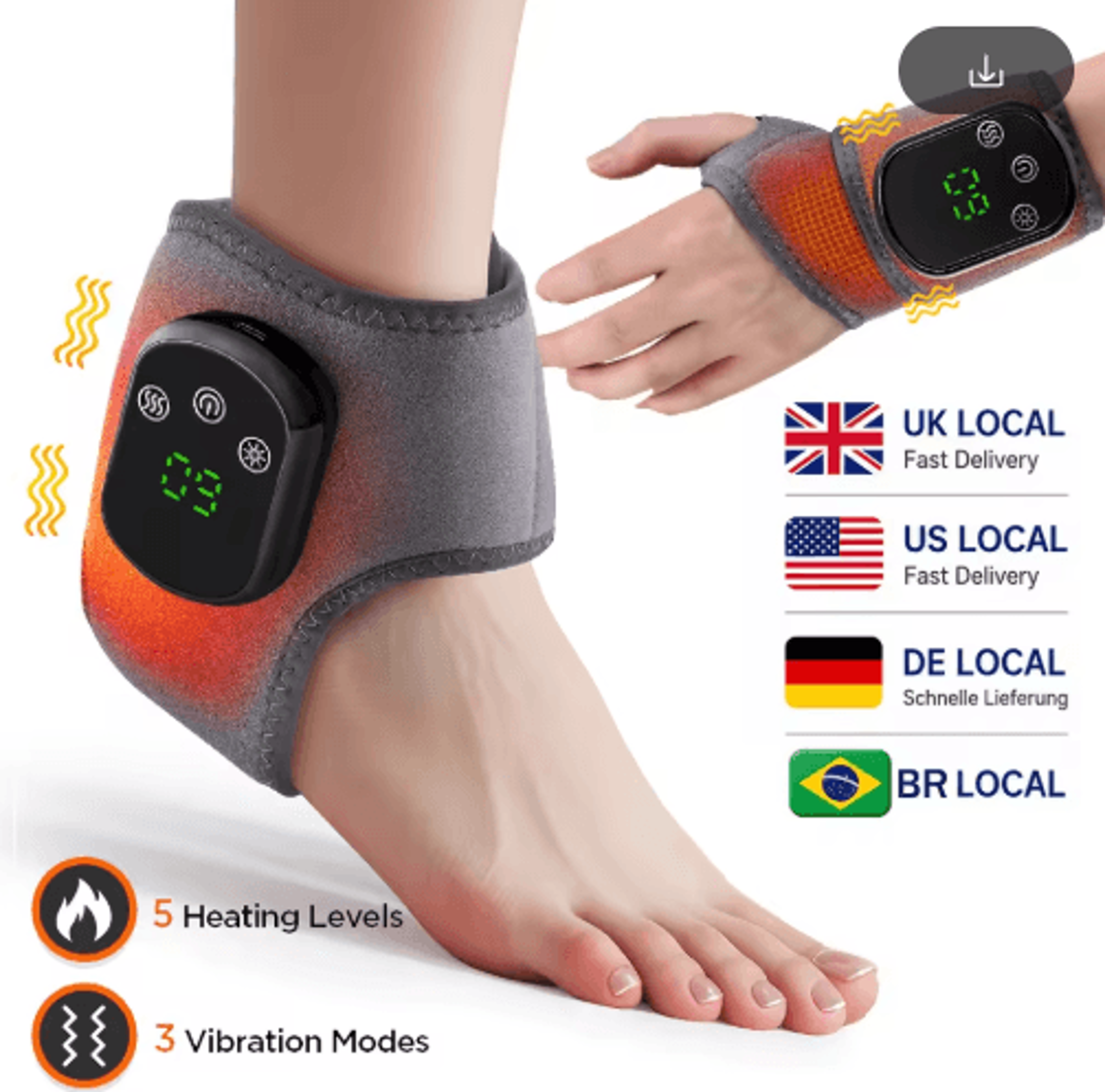 cordless heated wrist & foot massager with 5 heat levels, 3 vibration modes & adjustable wrap