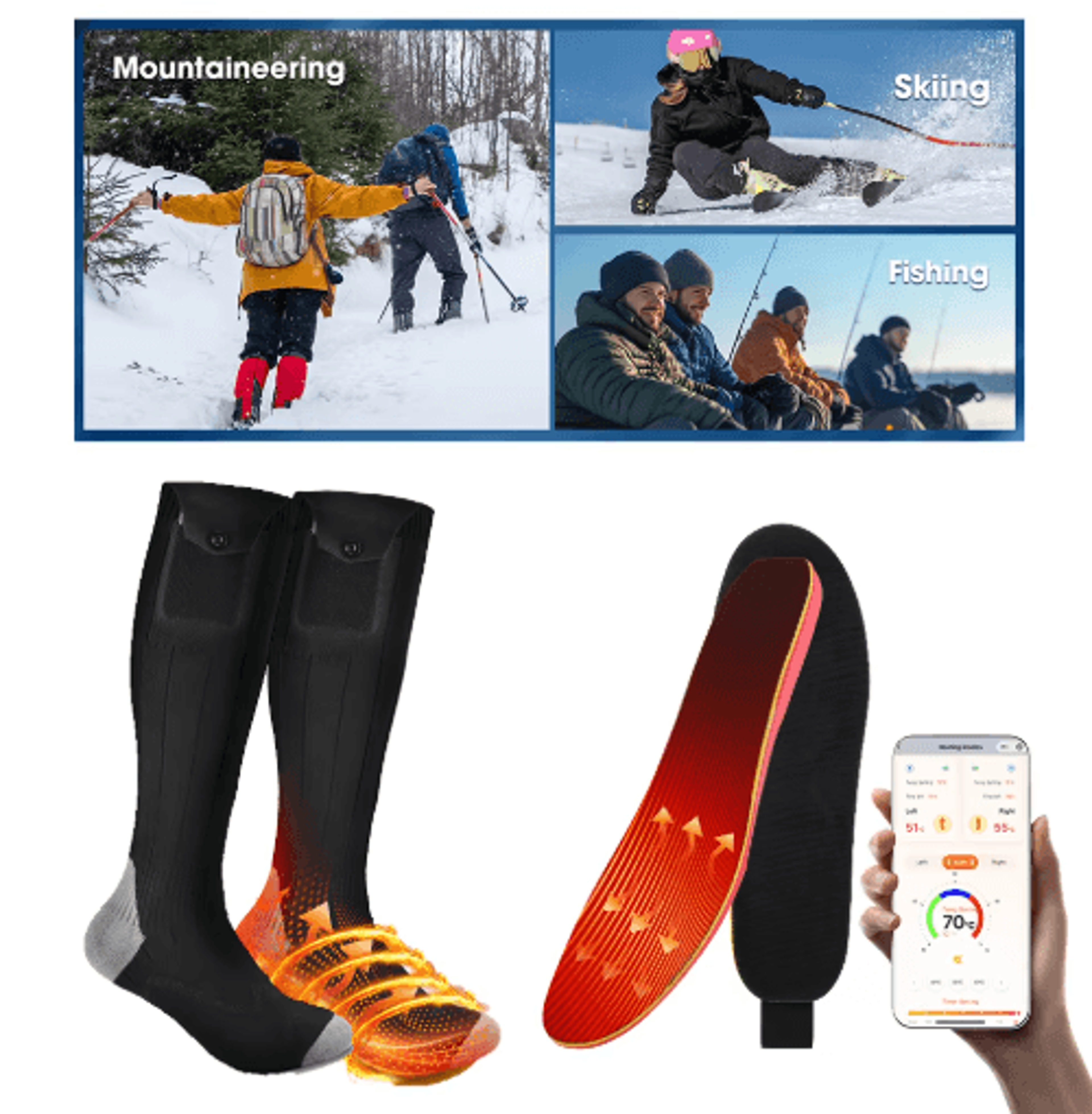 smart app-control rechargeable heated insoles for winter sports & outdoor foot warmth