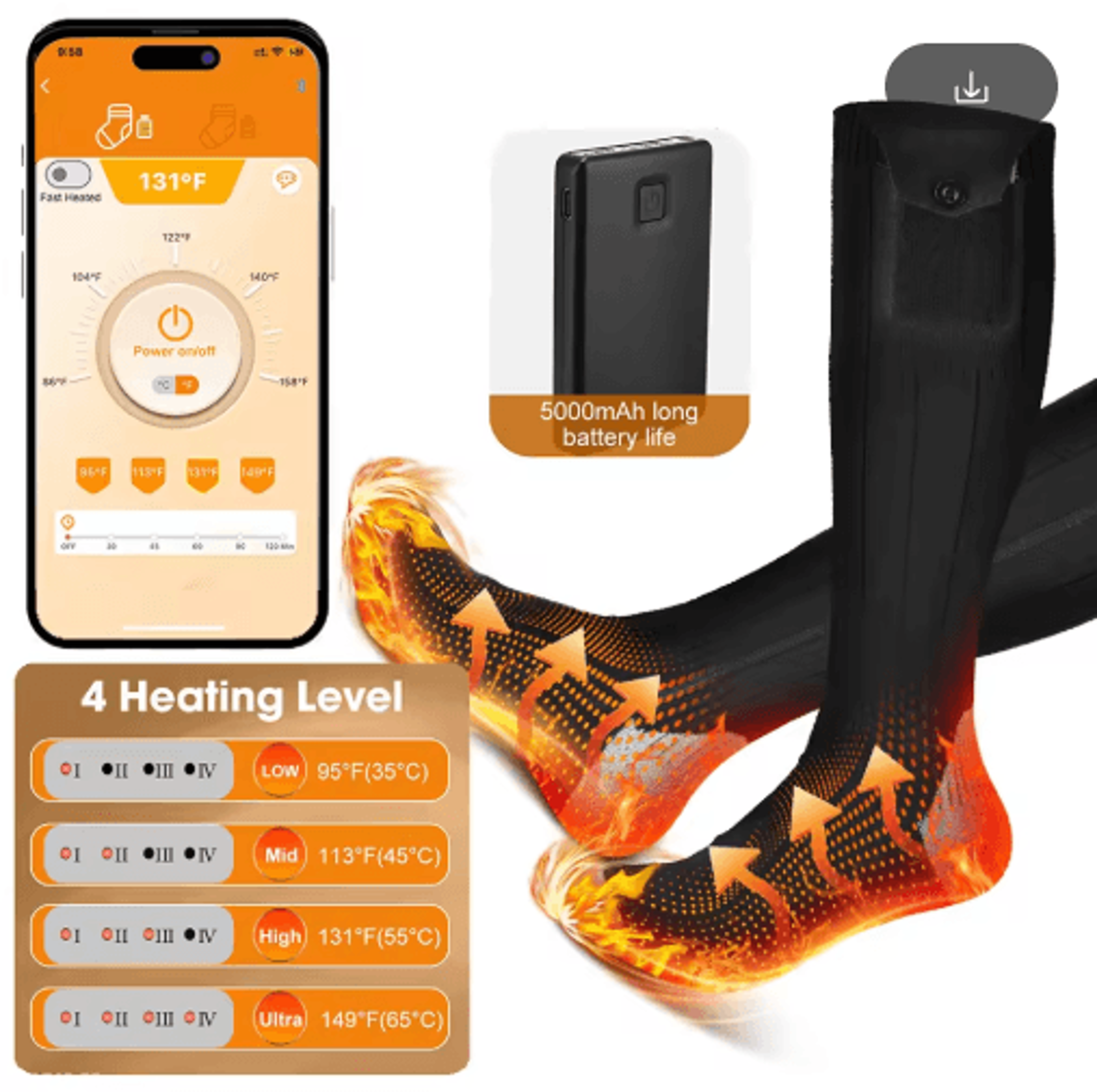 5000mah app-control rechargeable heated socks with remote for winter hiking, skiing & outdoor sports