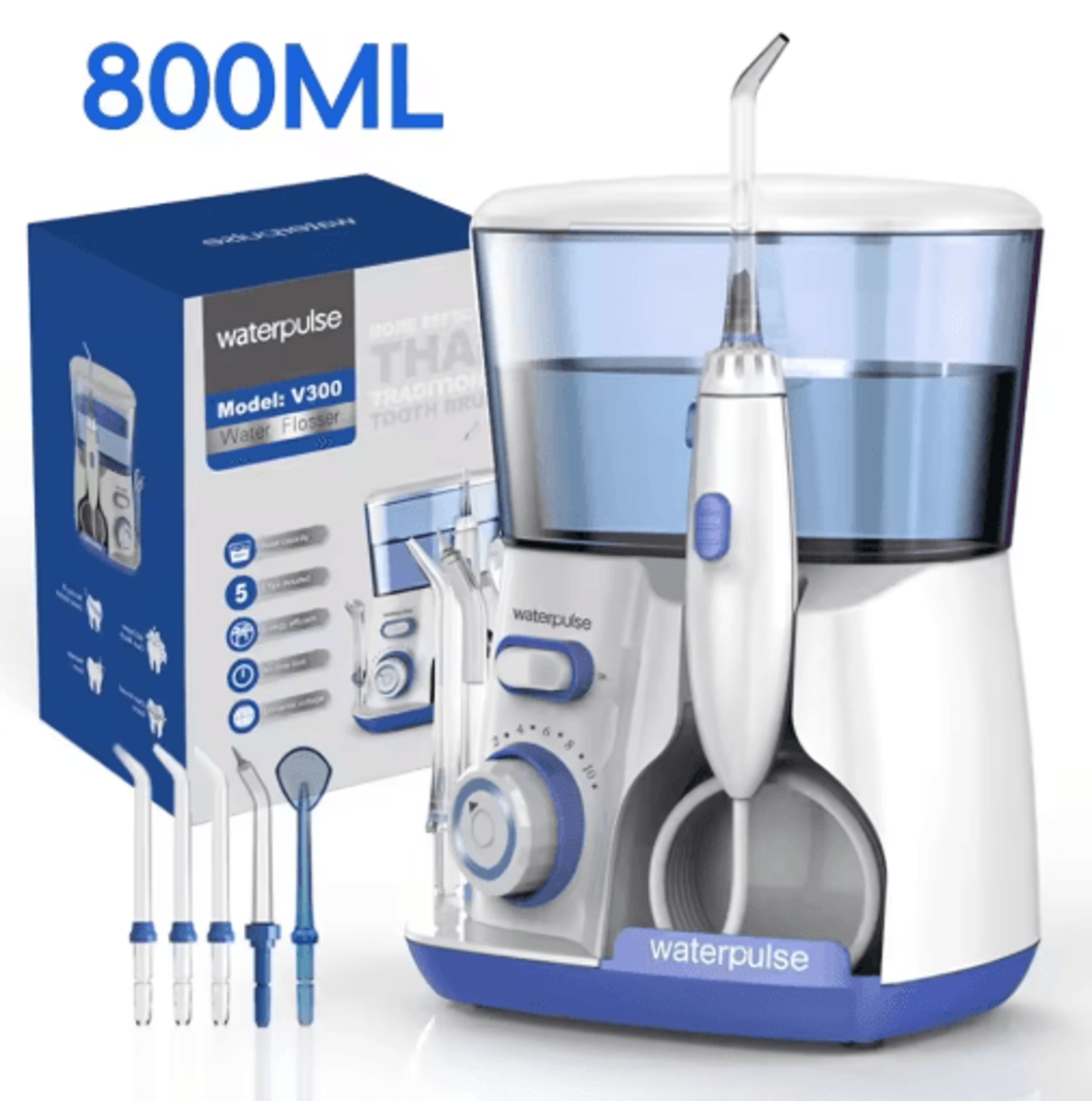 waterpulse v300g oral irrigator – 800ml dental water flosser with 5 replacement tips