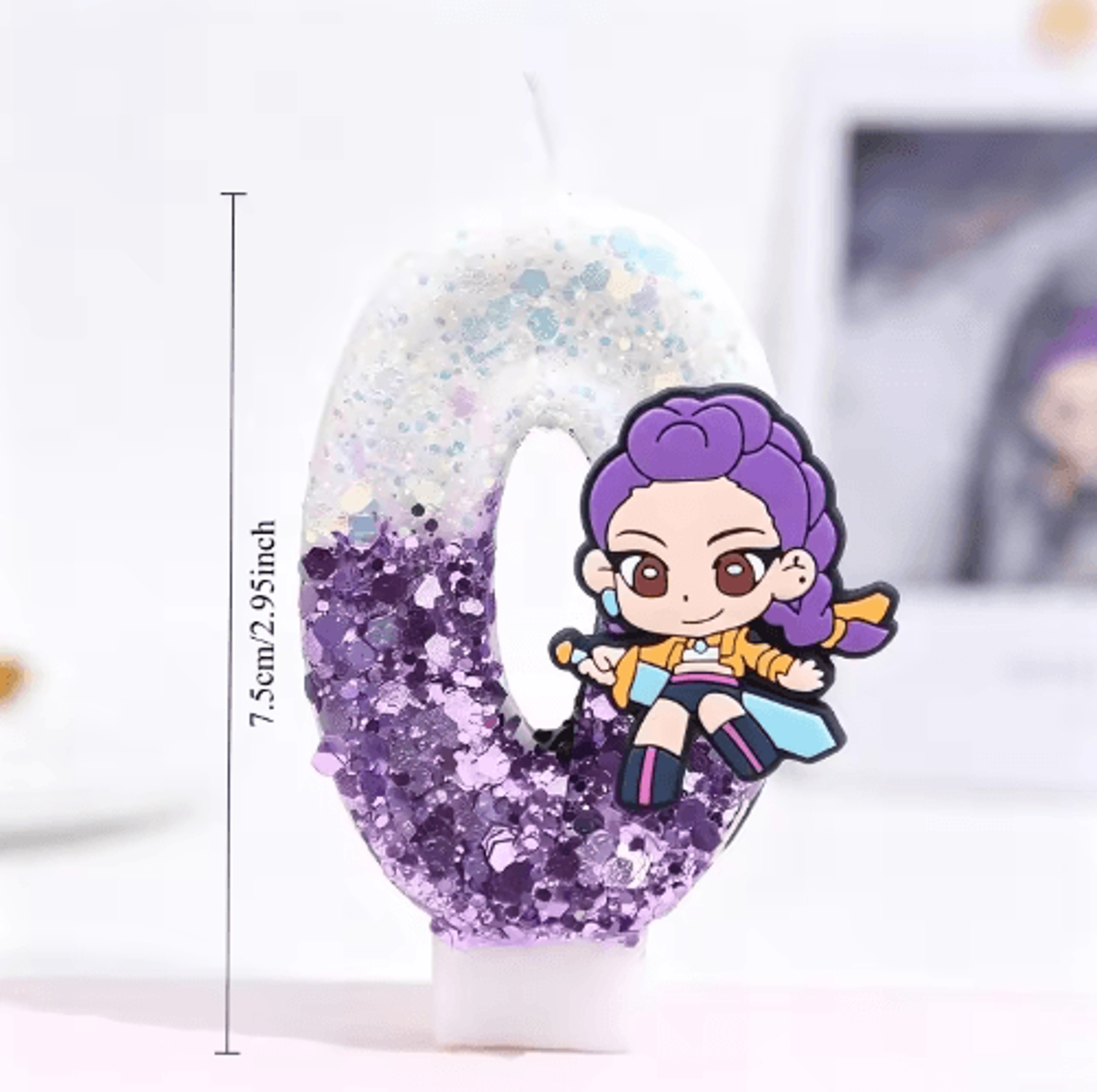 cartoon number birthday candle 0–9 – white & purple glitter cake topper for kids' birthday parties