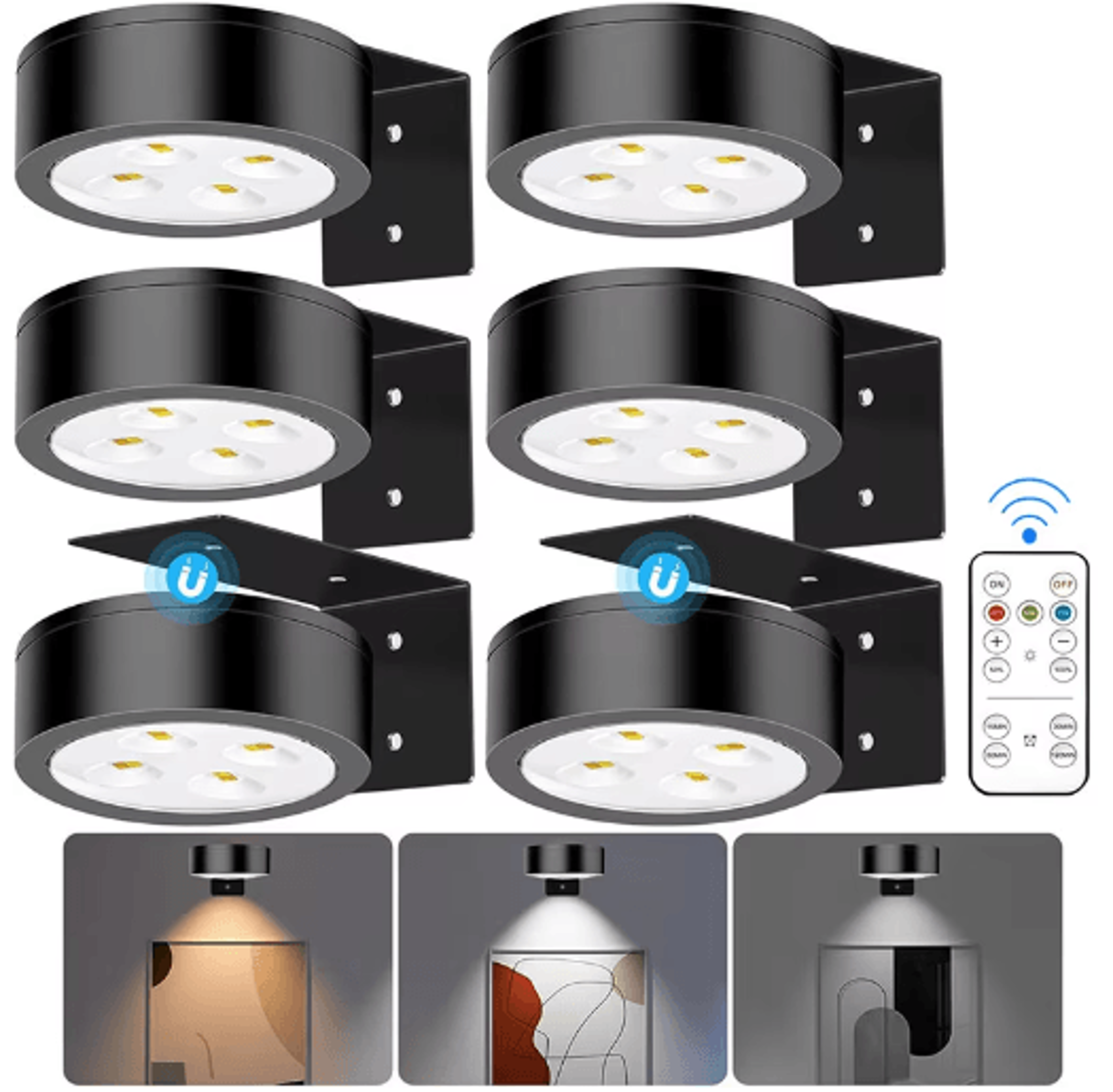 battery operated magnetic picture light – dimmable led art display light with remote & timer (black)