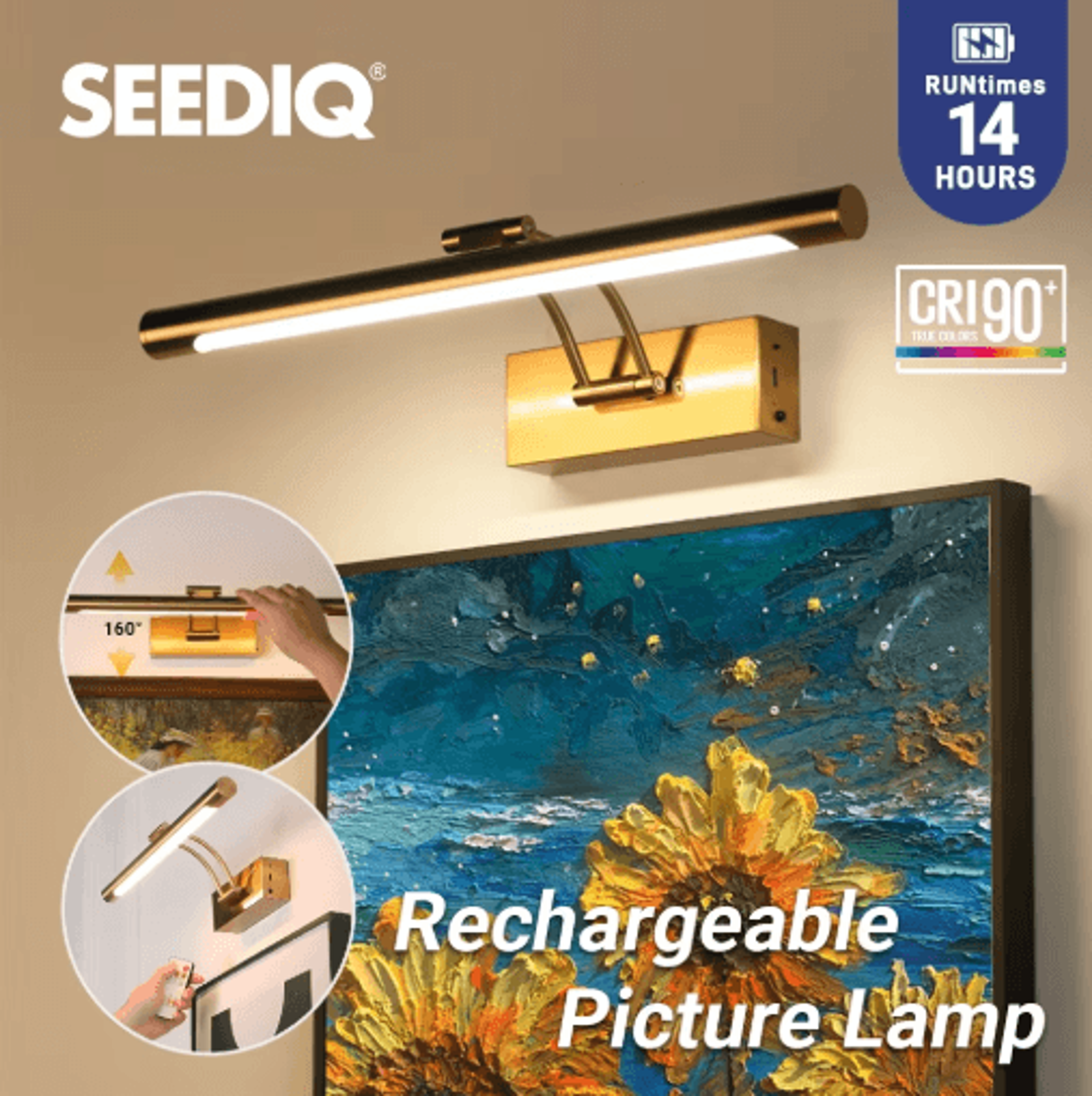 40cm rechargeable led picture light wireless wall lamp with remote control & 4400mah battery