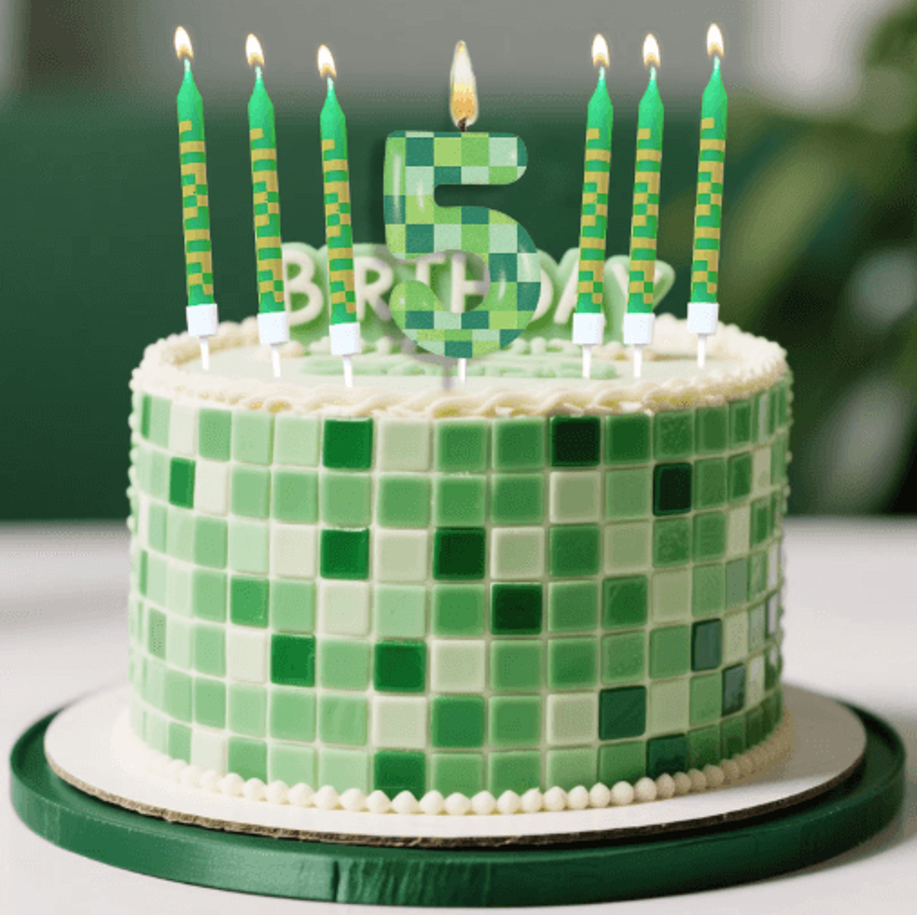 7pcs pixel theme number birthday candles – green video game cake toppers (0–9) for kids parties