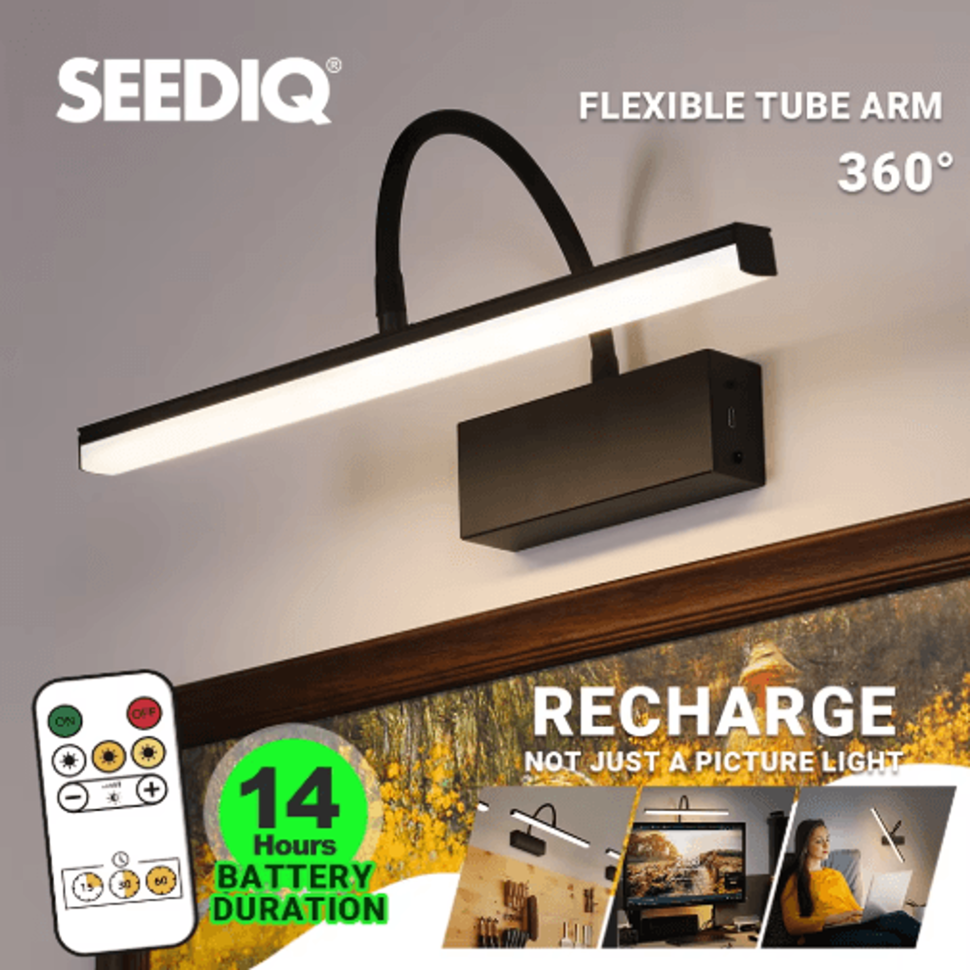 40cm rechargeable led picture light – adjustable wireless wall sconce in black