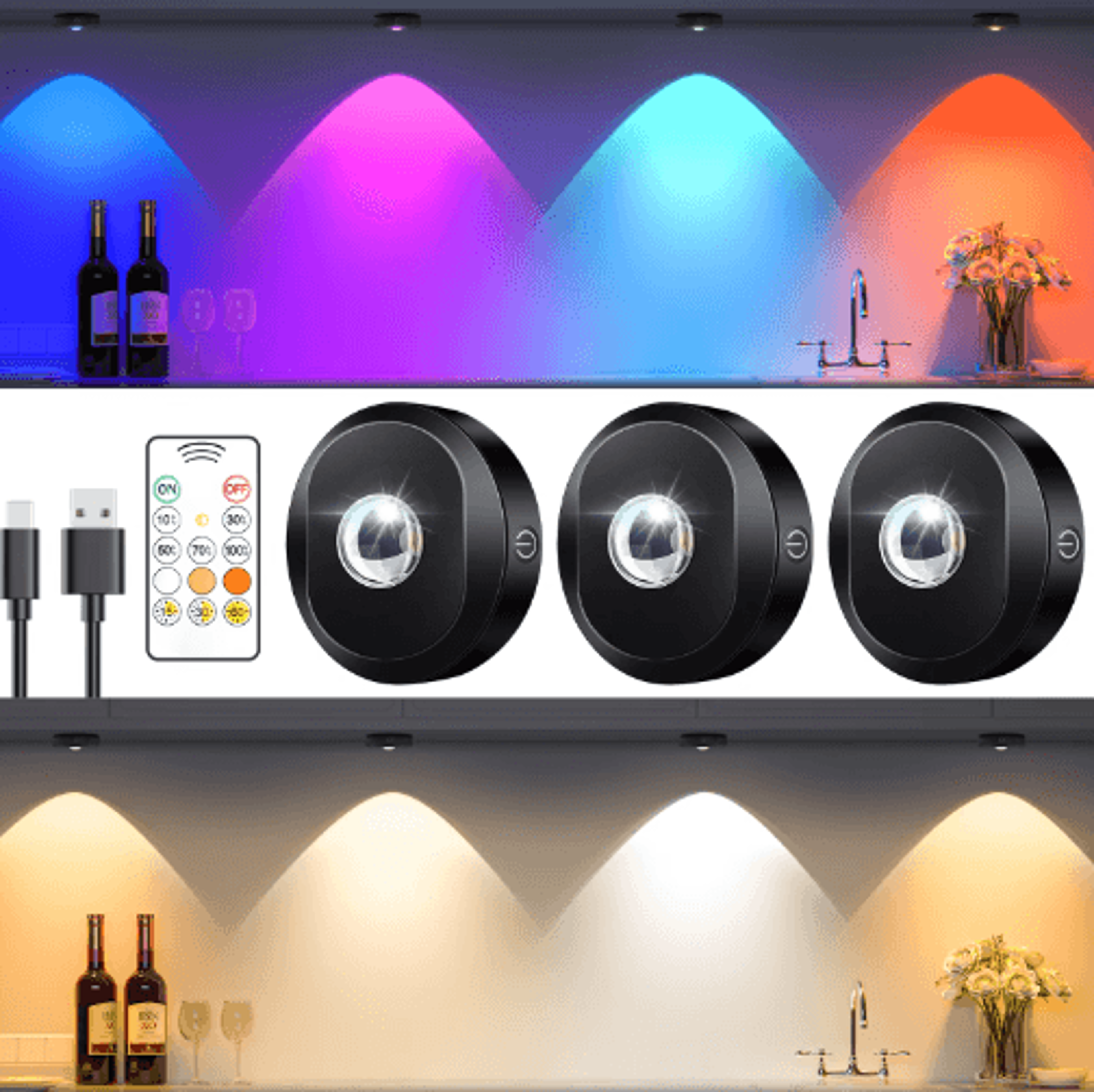 willed 3pcs rechargeable led puck lights with remote – stick-on night lights for walls, closets & cabinets