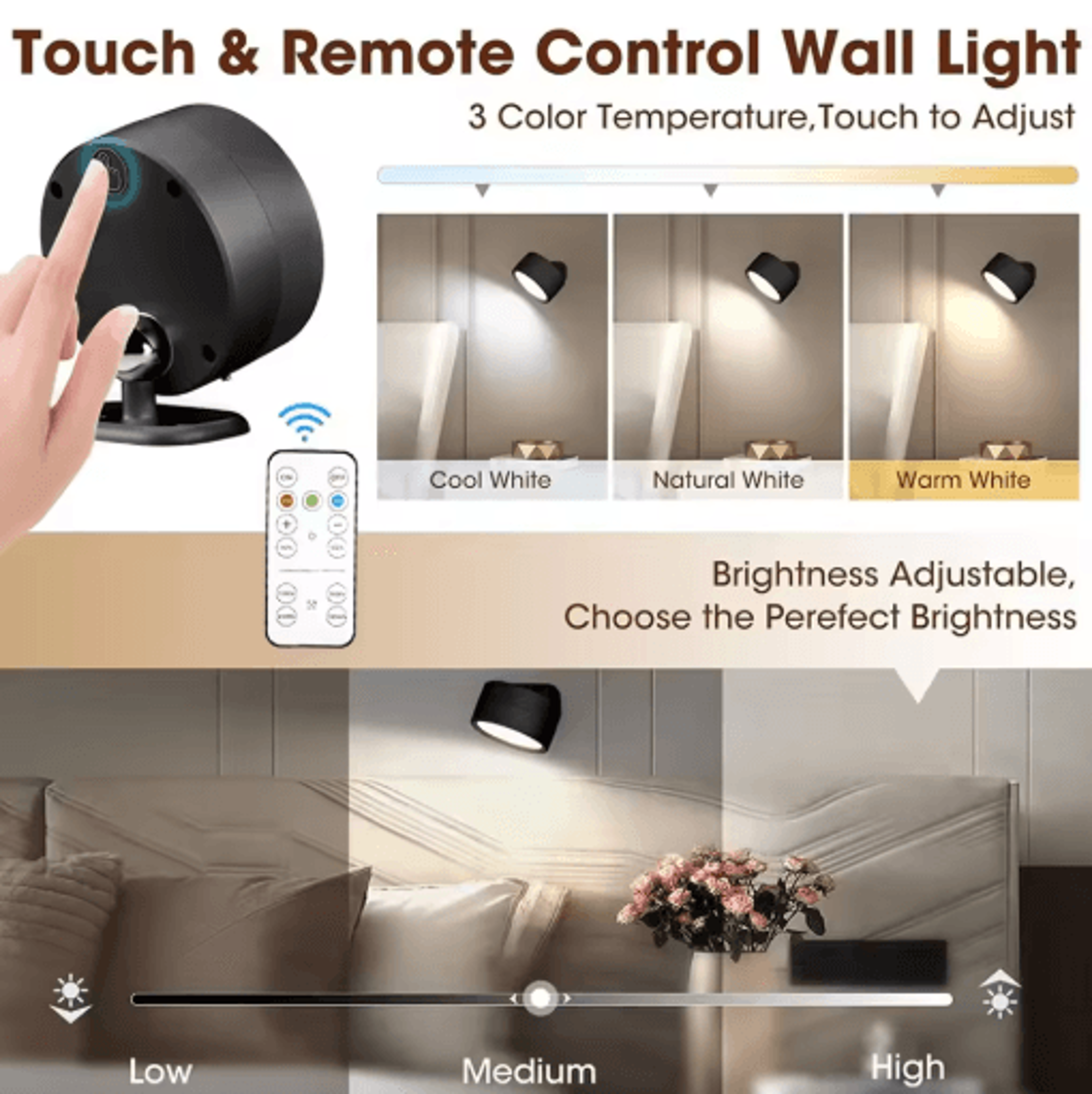 rechargeable magnetic led wall sconce – wireless wall light with remote & 3-color dimmable lighting