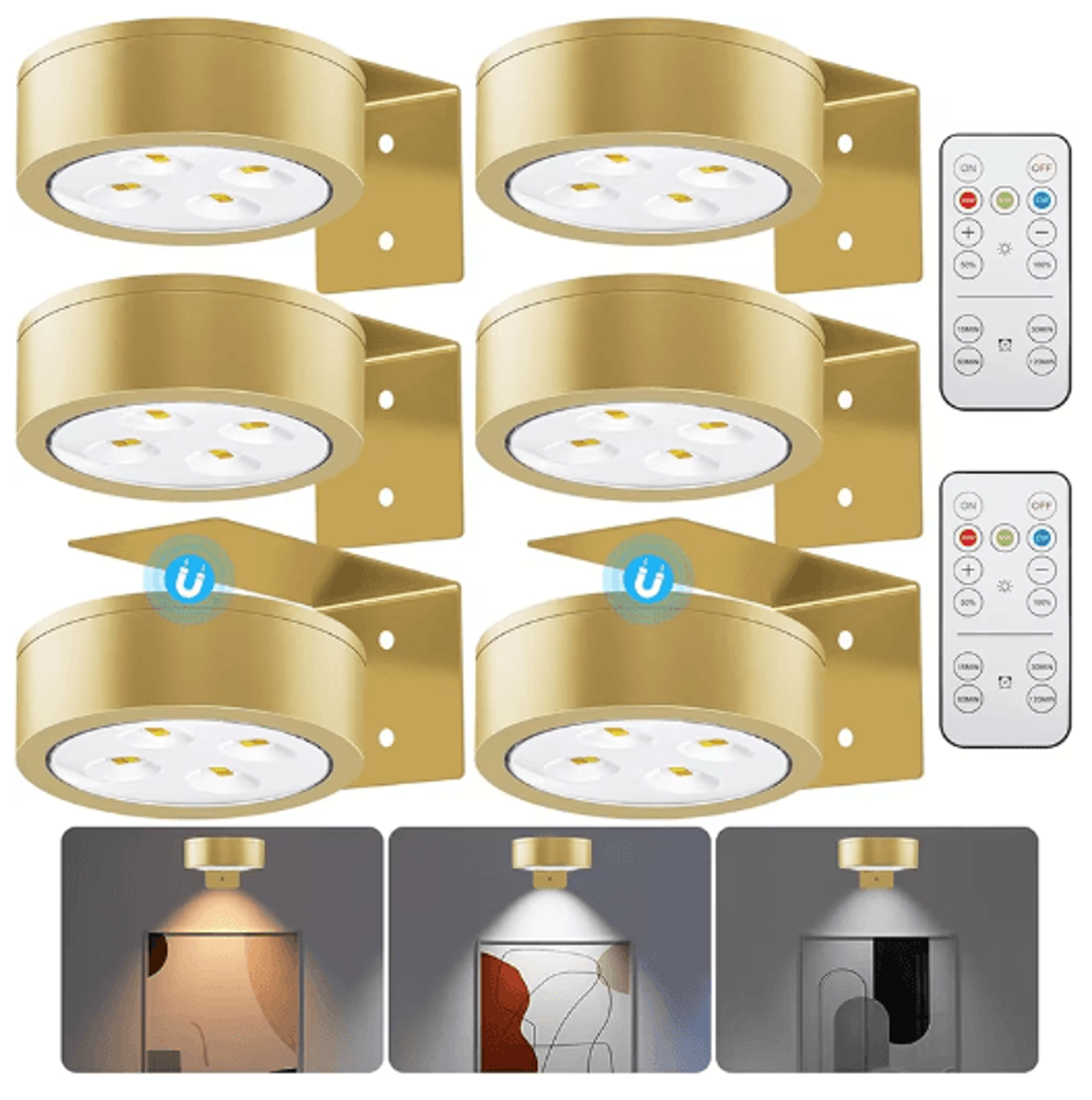3/6pcs magnetic led picture lights – battery operated art display lights with remote, timer & 3 lighting modes