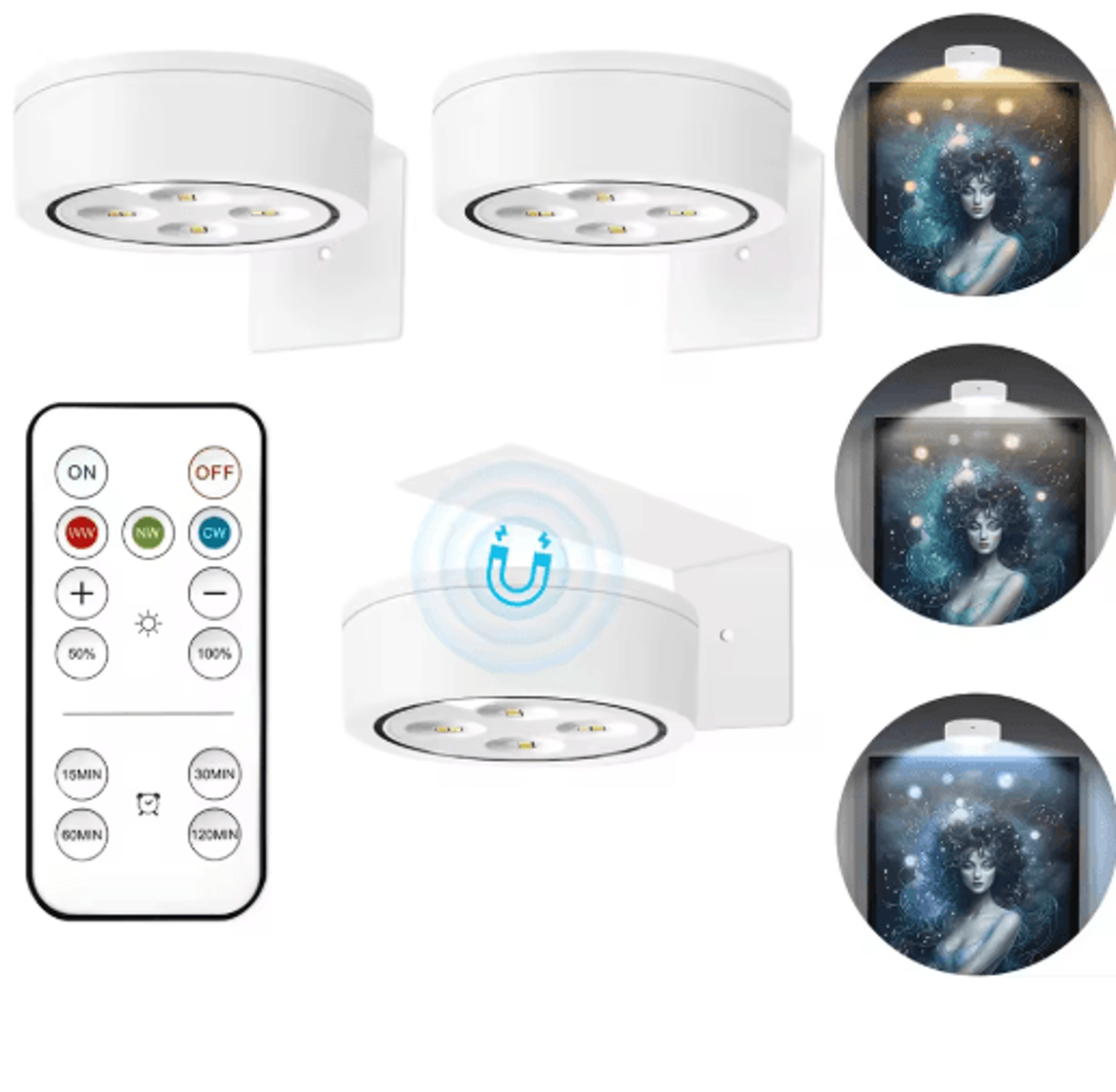 3pcs magnetic led picture lights – battery operated art display lights with remote, timer & 3 lighting modes