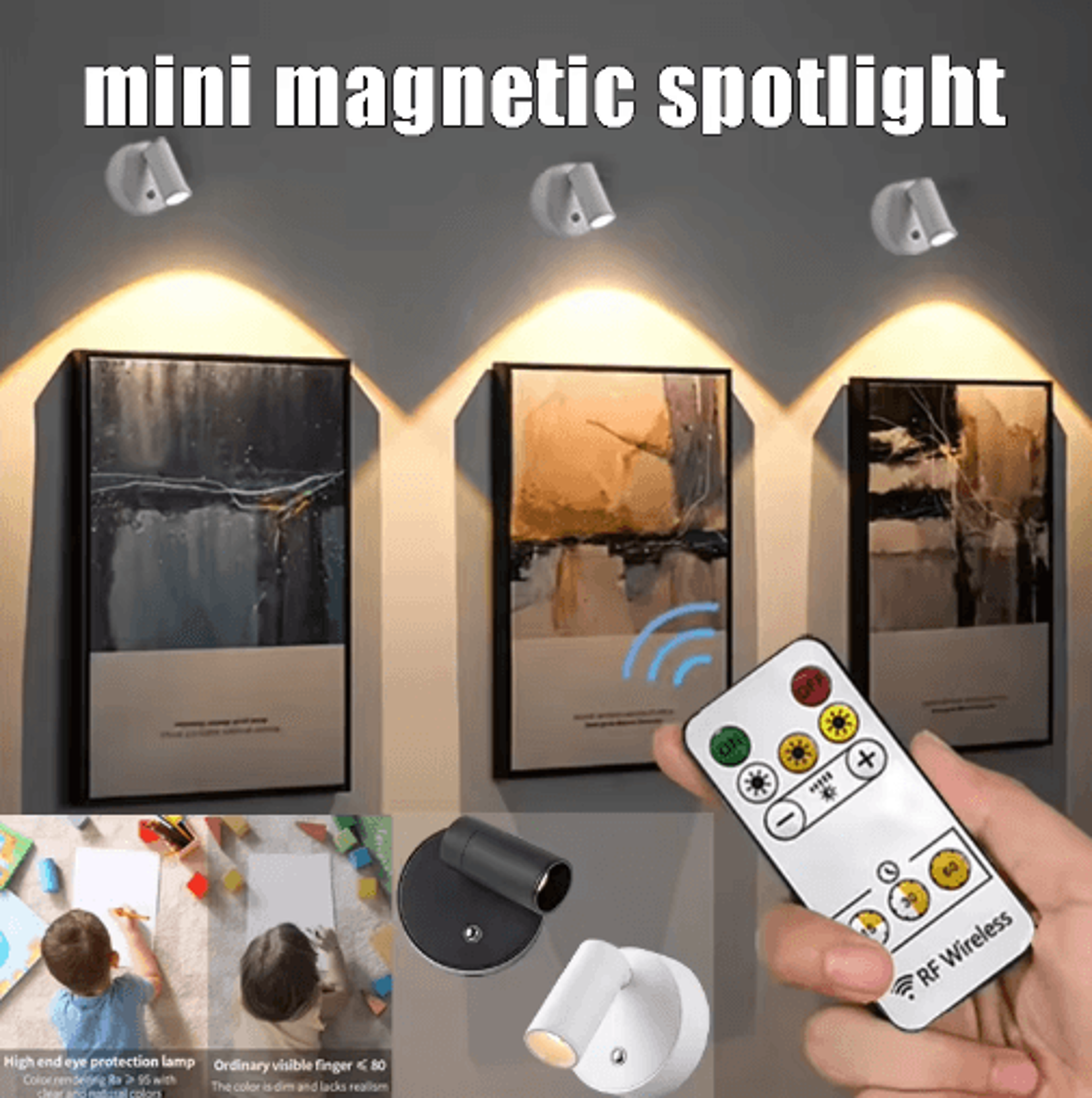 mini magnetic led spotlight – wireless rechargeable dimmable wall light with 3 lighting modes