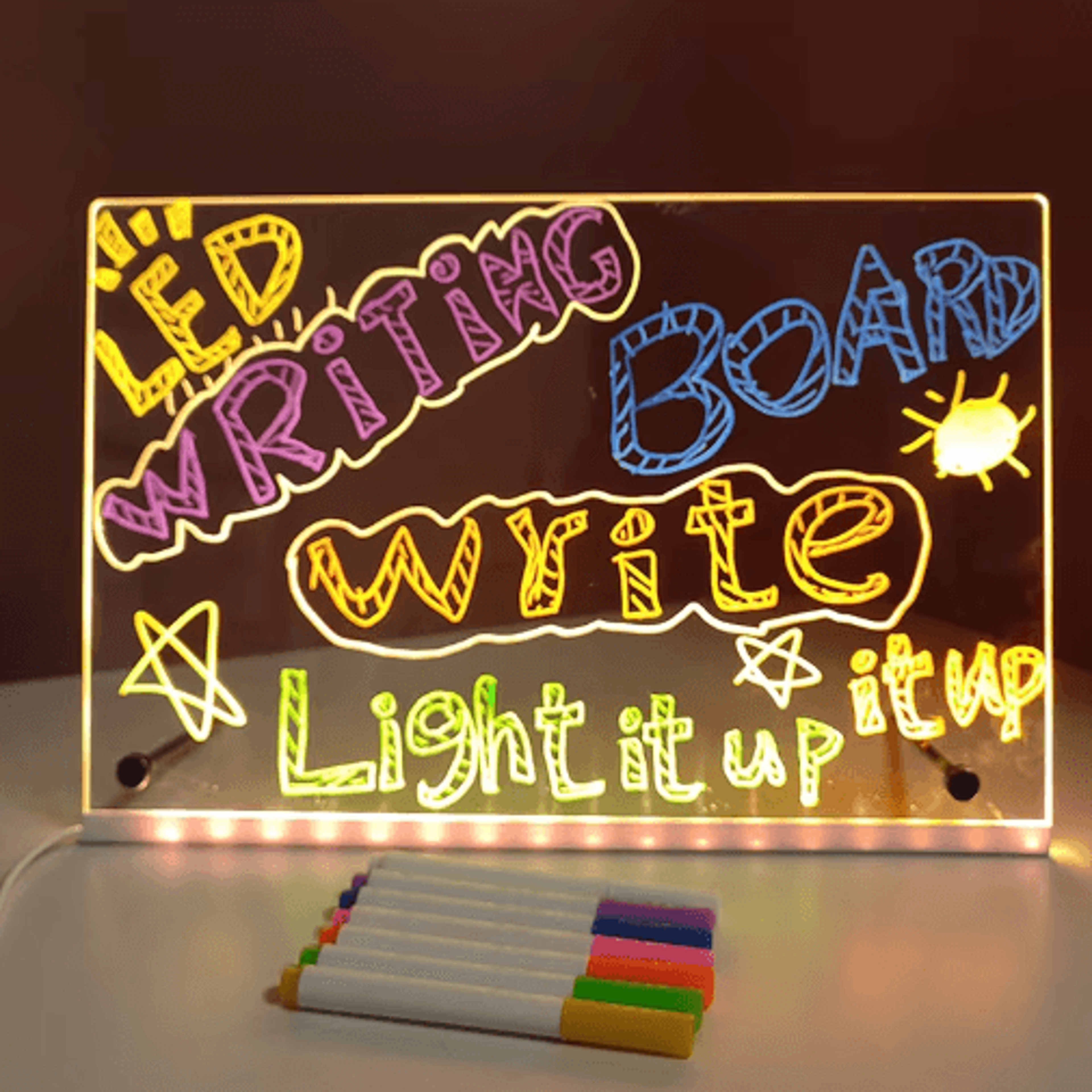 rechargeable rgb led acrylic note board – erasable drawing & message board with 7 color pens