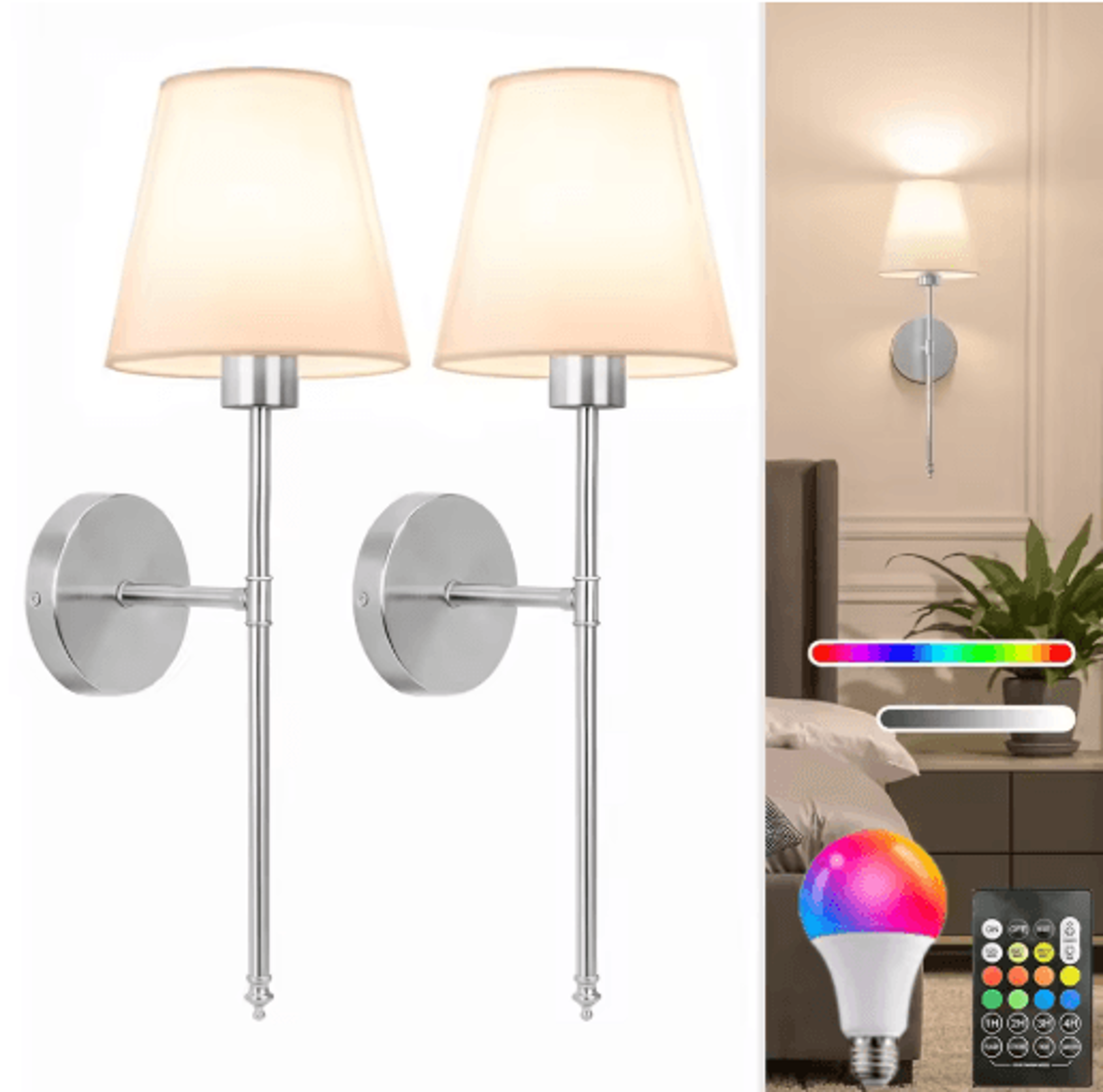 2pcs gold rechargeable wireless wall sconces – battery operated rgb led wall lights with remote control