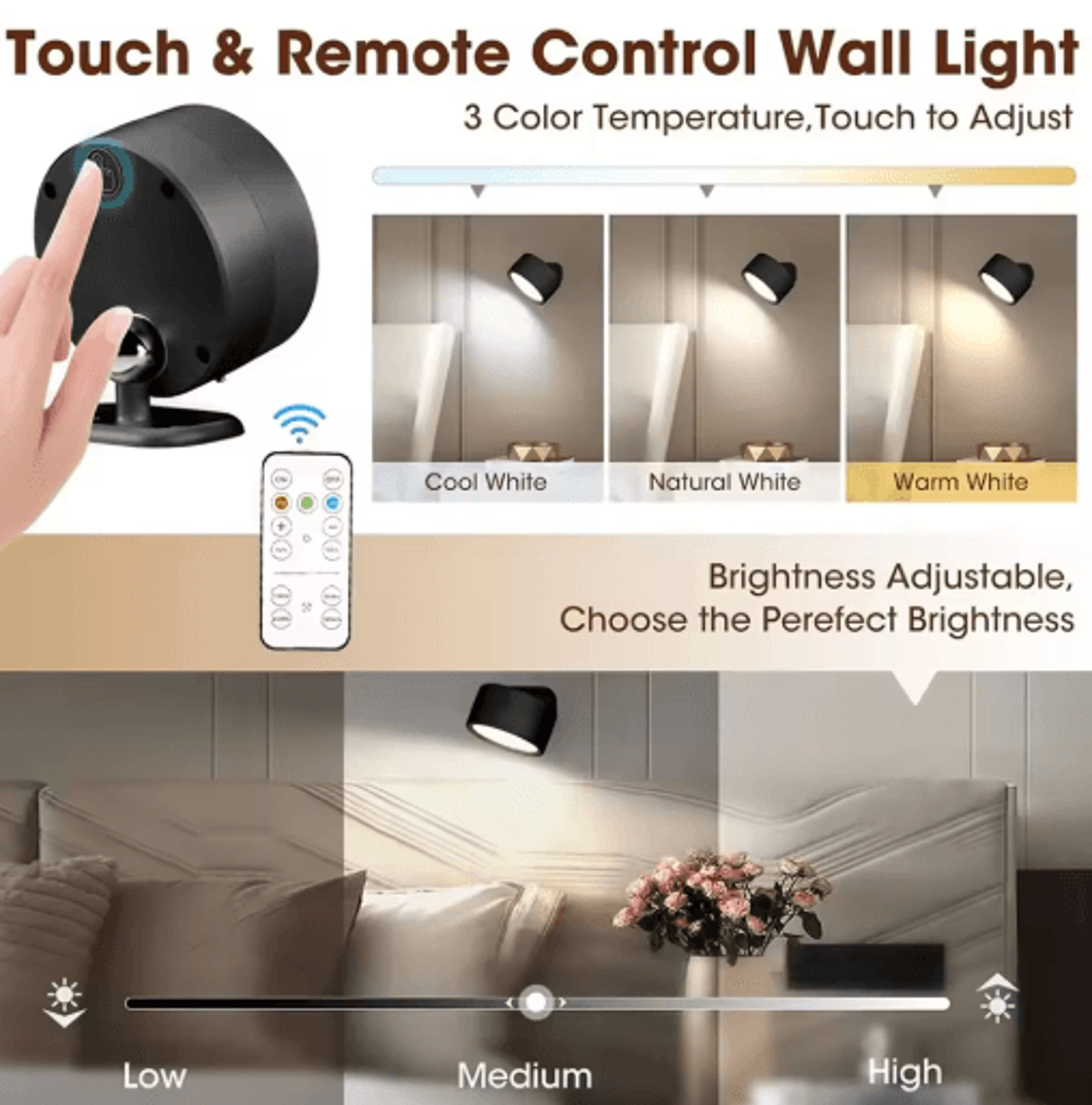 2pcs rechargeable magnetic led wall sconces – wireless dimmable wall lights with remote & 3 color modes