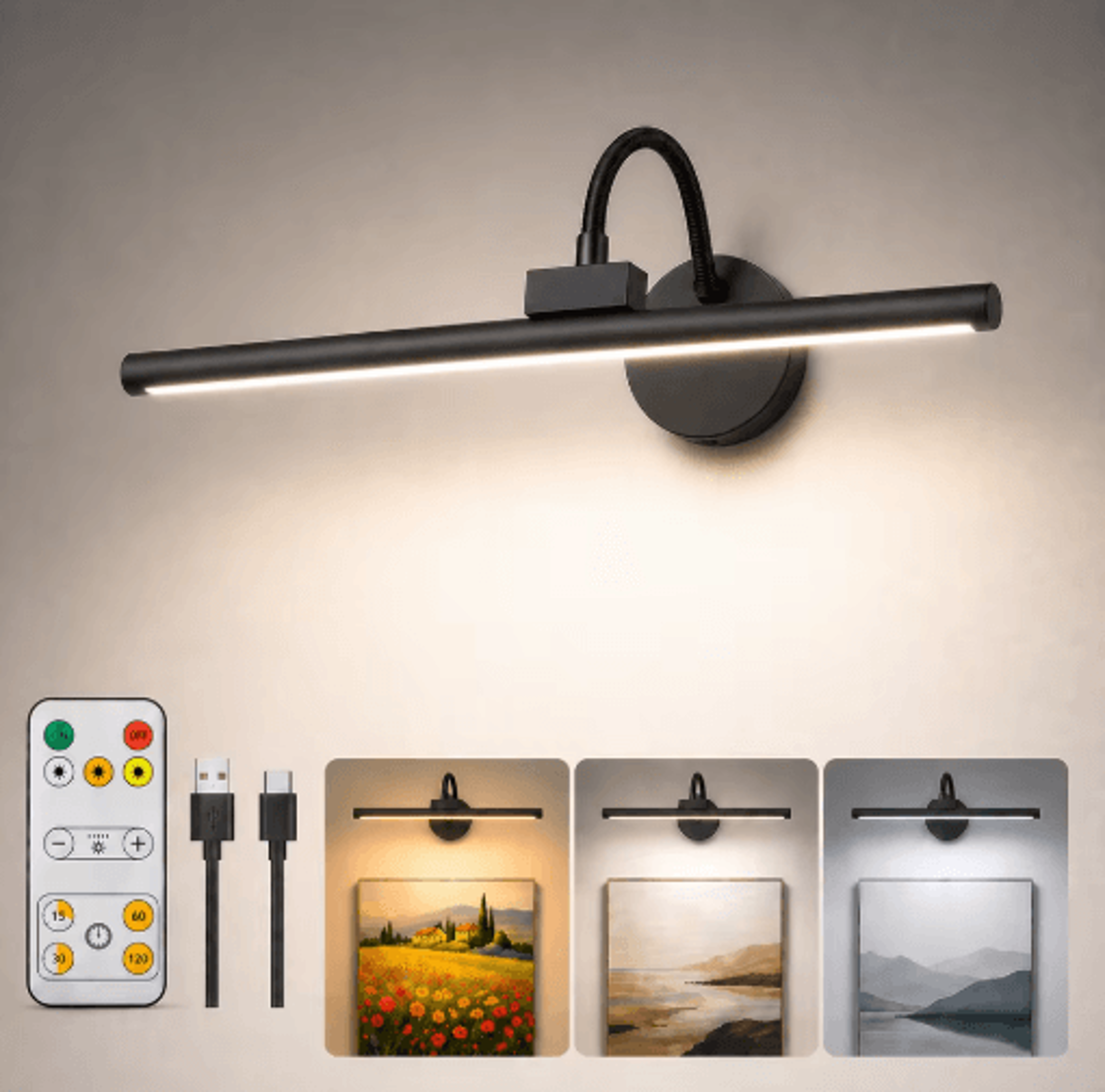 rechargeable wireless led picture light – 360° magnetic wall lamp with remote & 3-color dimmable lighting