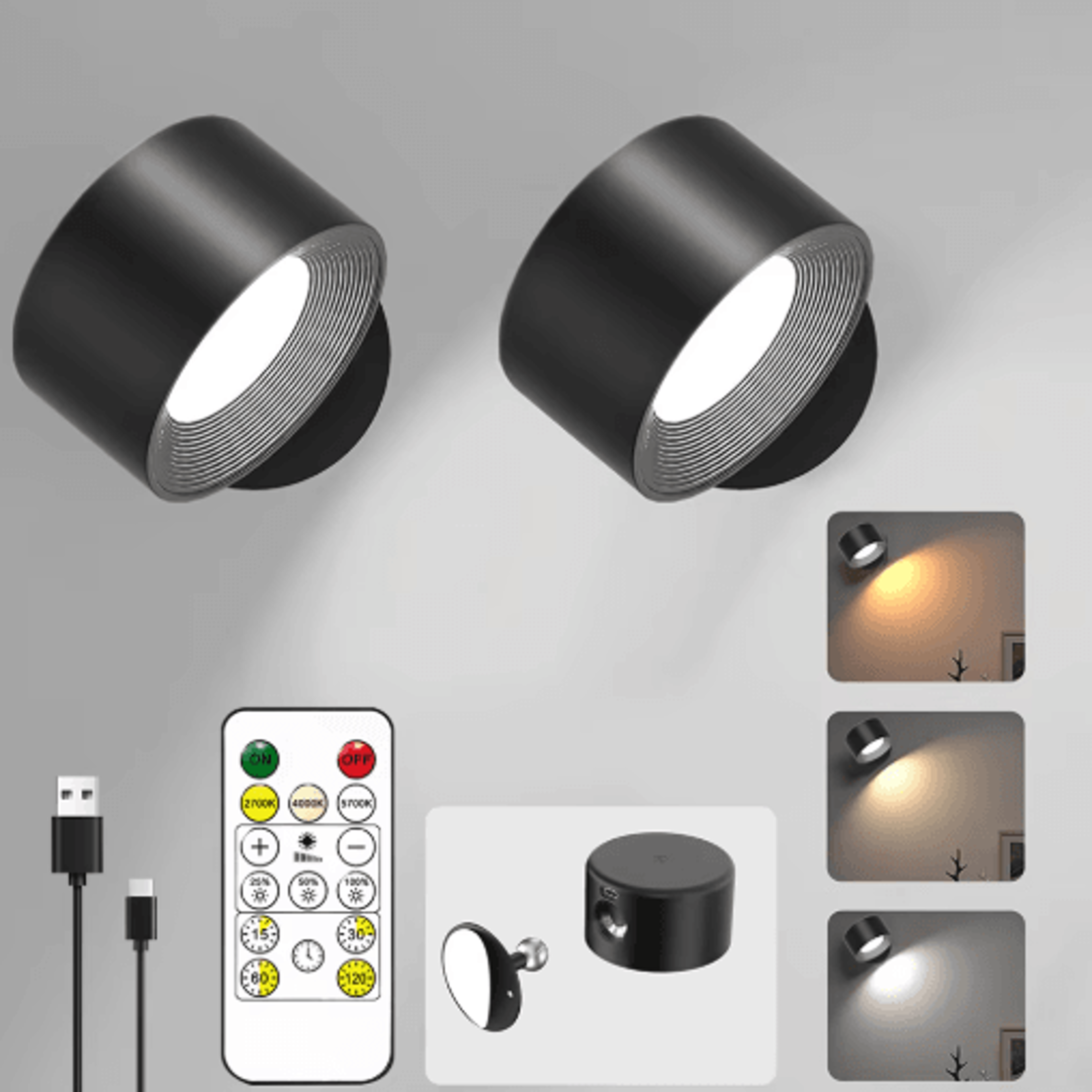 rechargeable magnetic led wall reading light – 2000mah 360° rotating wall sconce with remote & 3 color modes