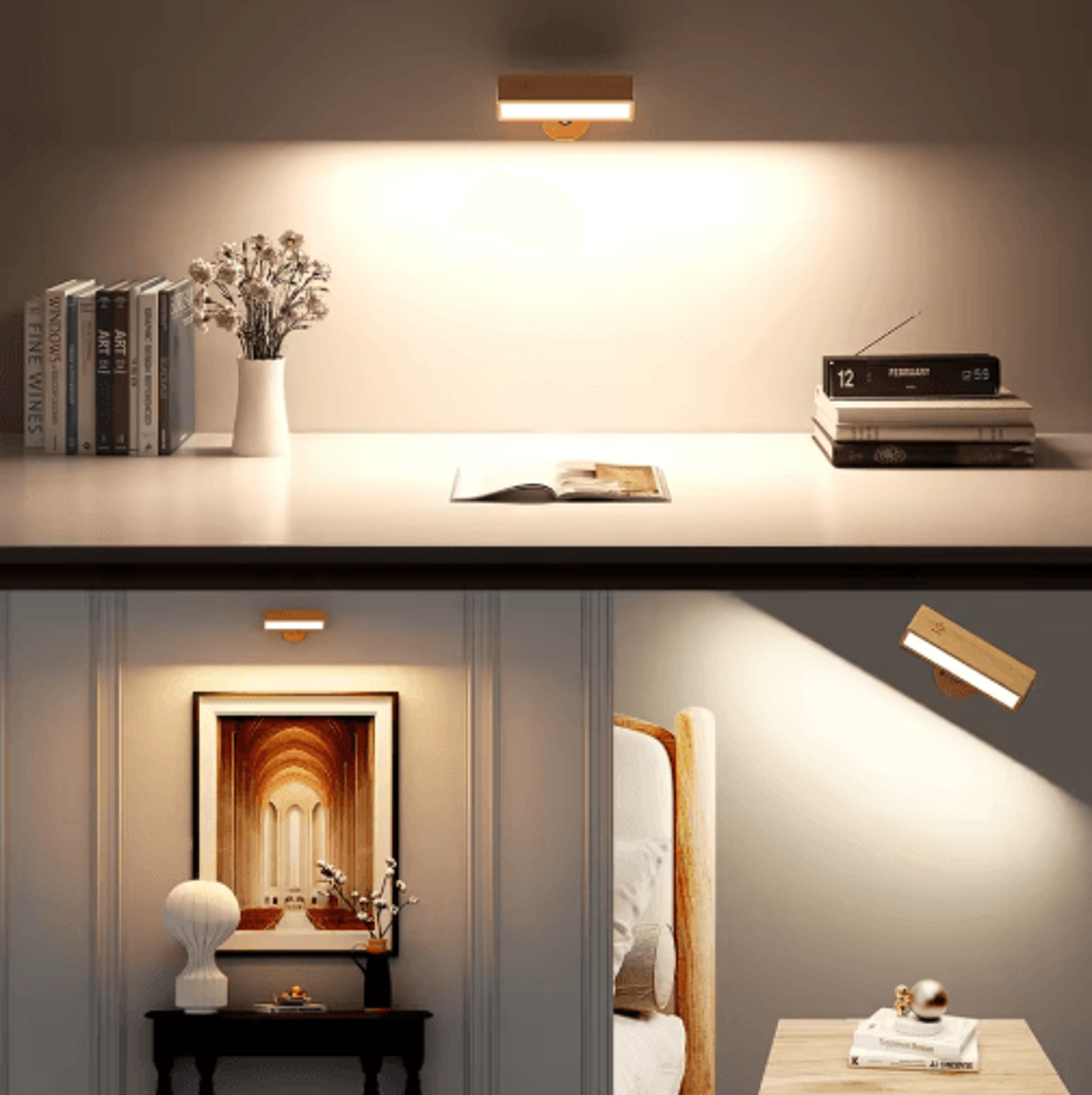 nordic wooden magnetic led wall lamp – 360° rotating dimmable cordless reading sconce