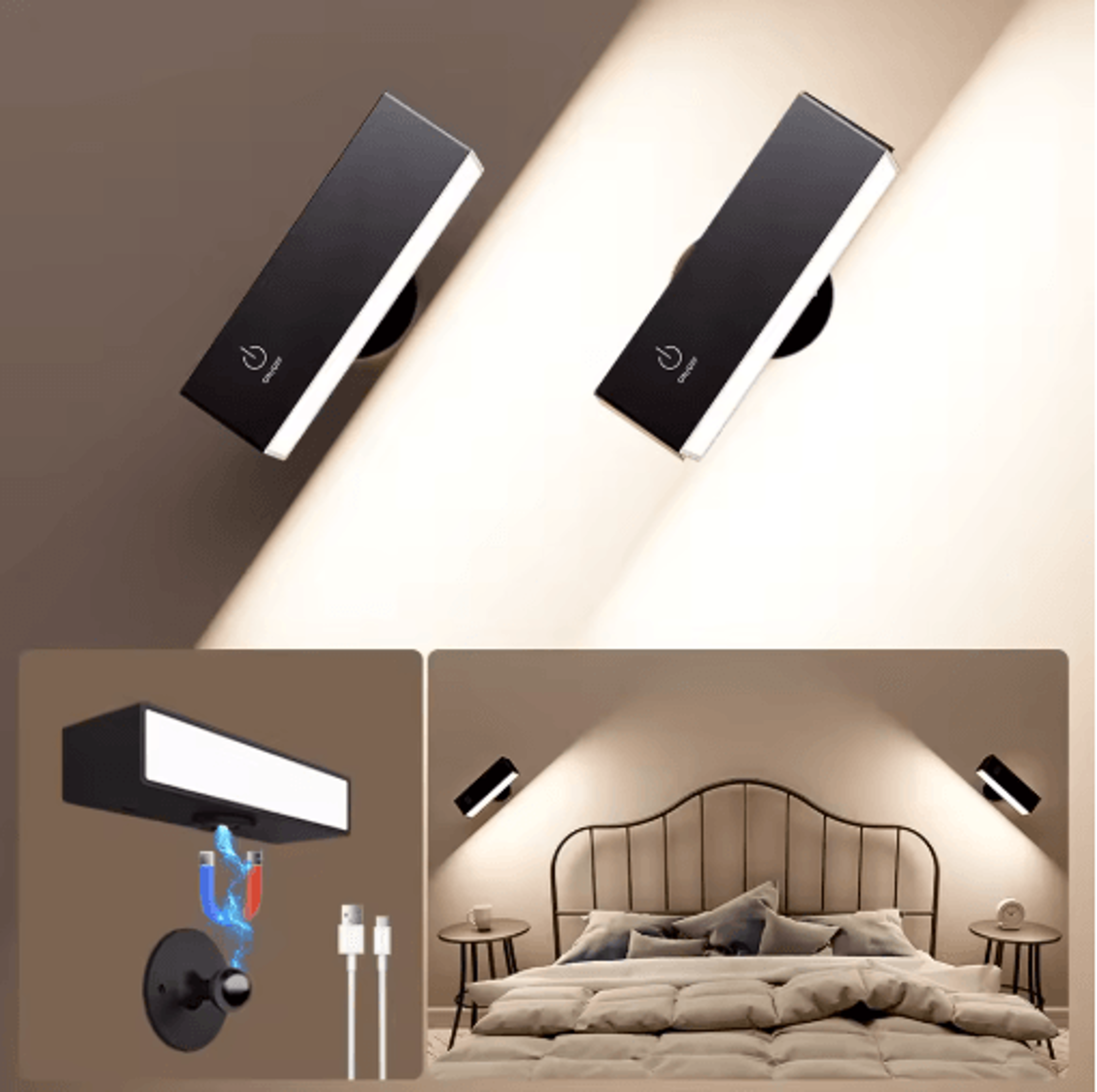 modern rechargeable magnetic wall sconce – 360° rotating removable wireless bedside lamp