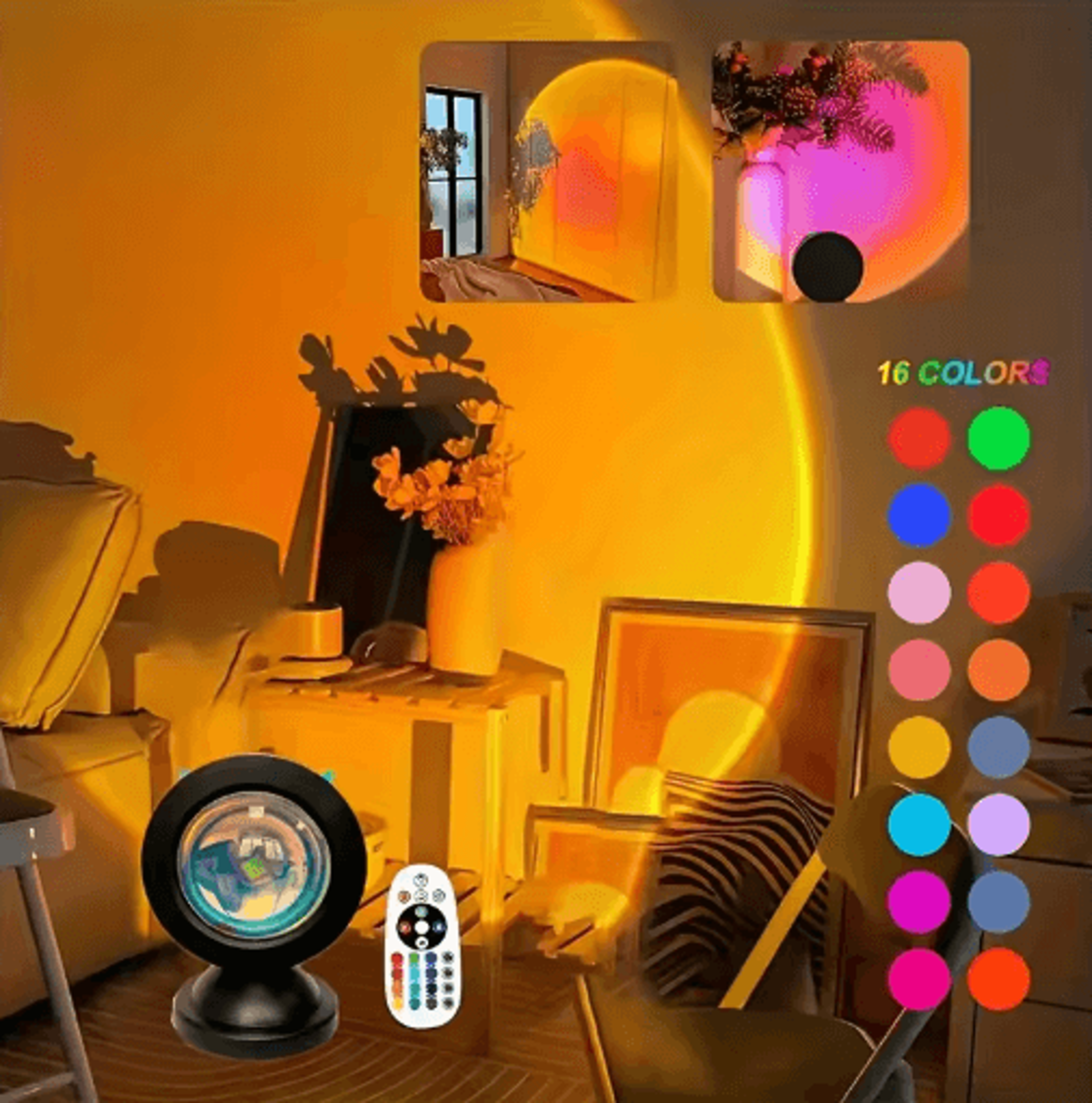 16-color rgb sunset projection lamp – led sunrise night light with remote control for room decor & photography