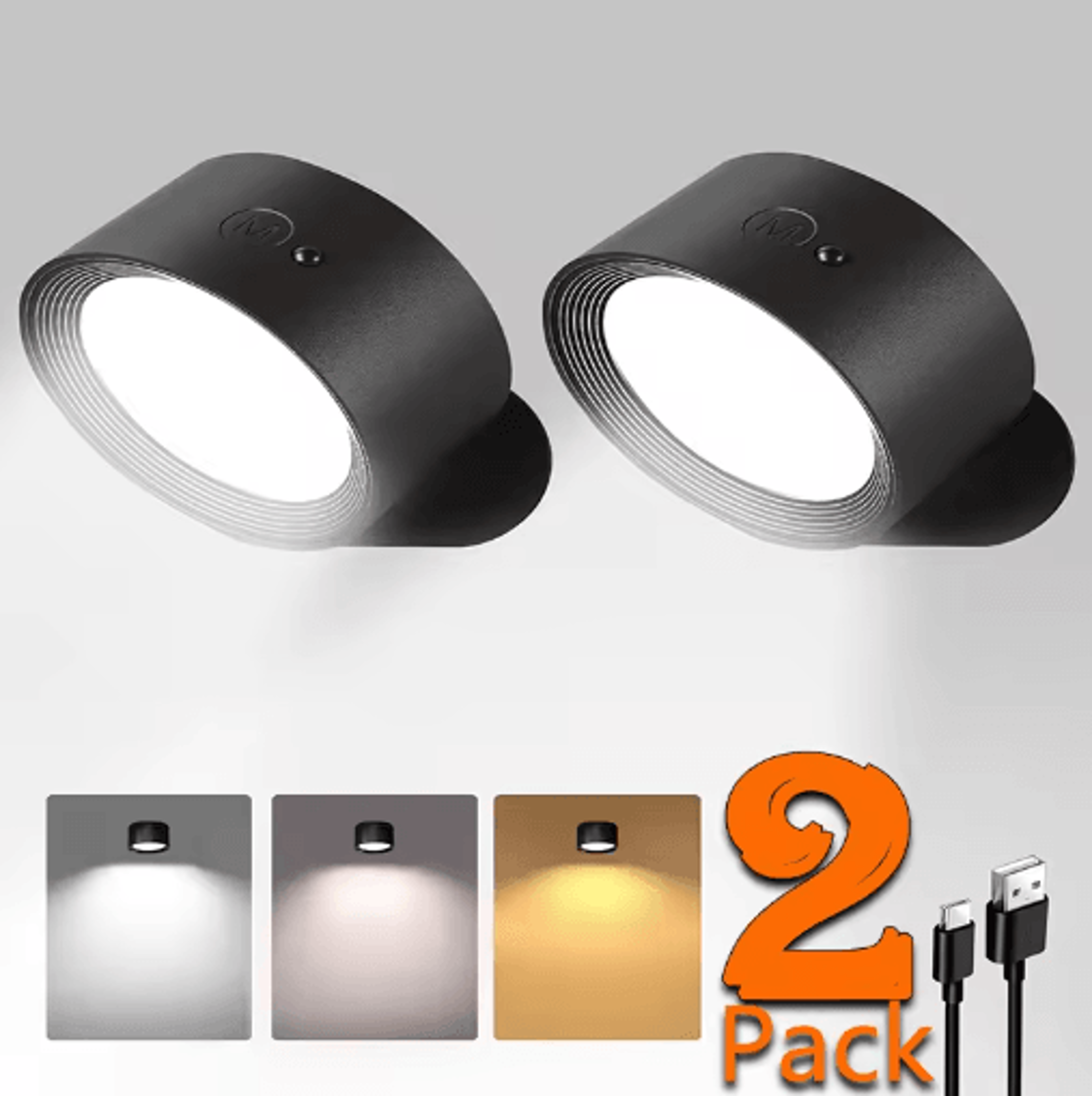 rechargeable led wall sconce 360 rotating cordless dimmable light with touch control & 3 color modes