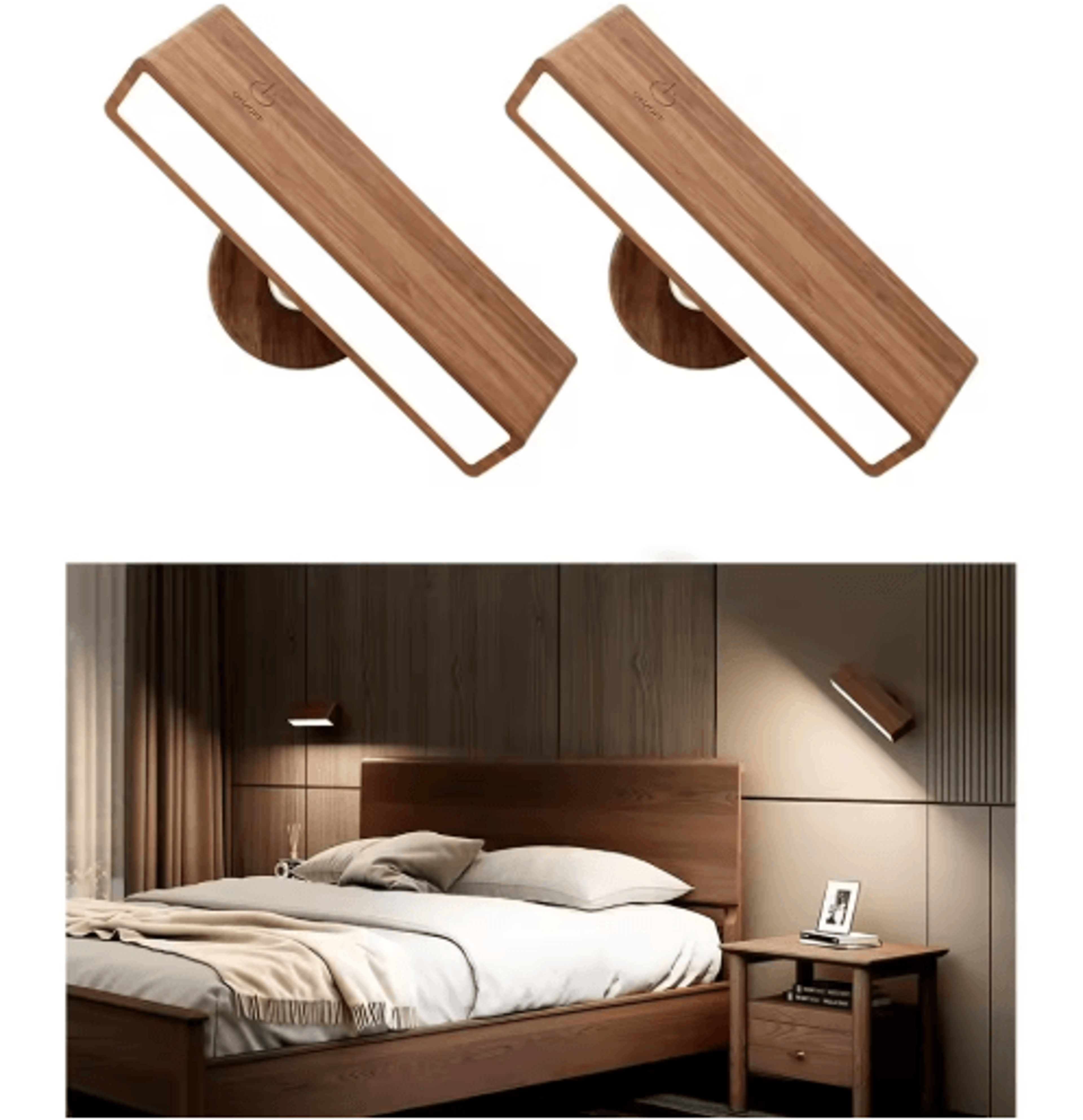 2-pack nordic solid wood rechargeable wall sconces – 360° rotating dimmable touch reading lights