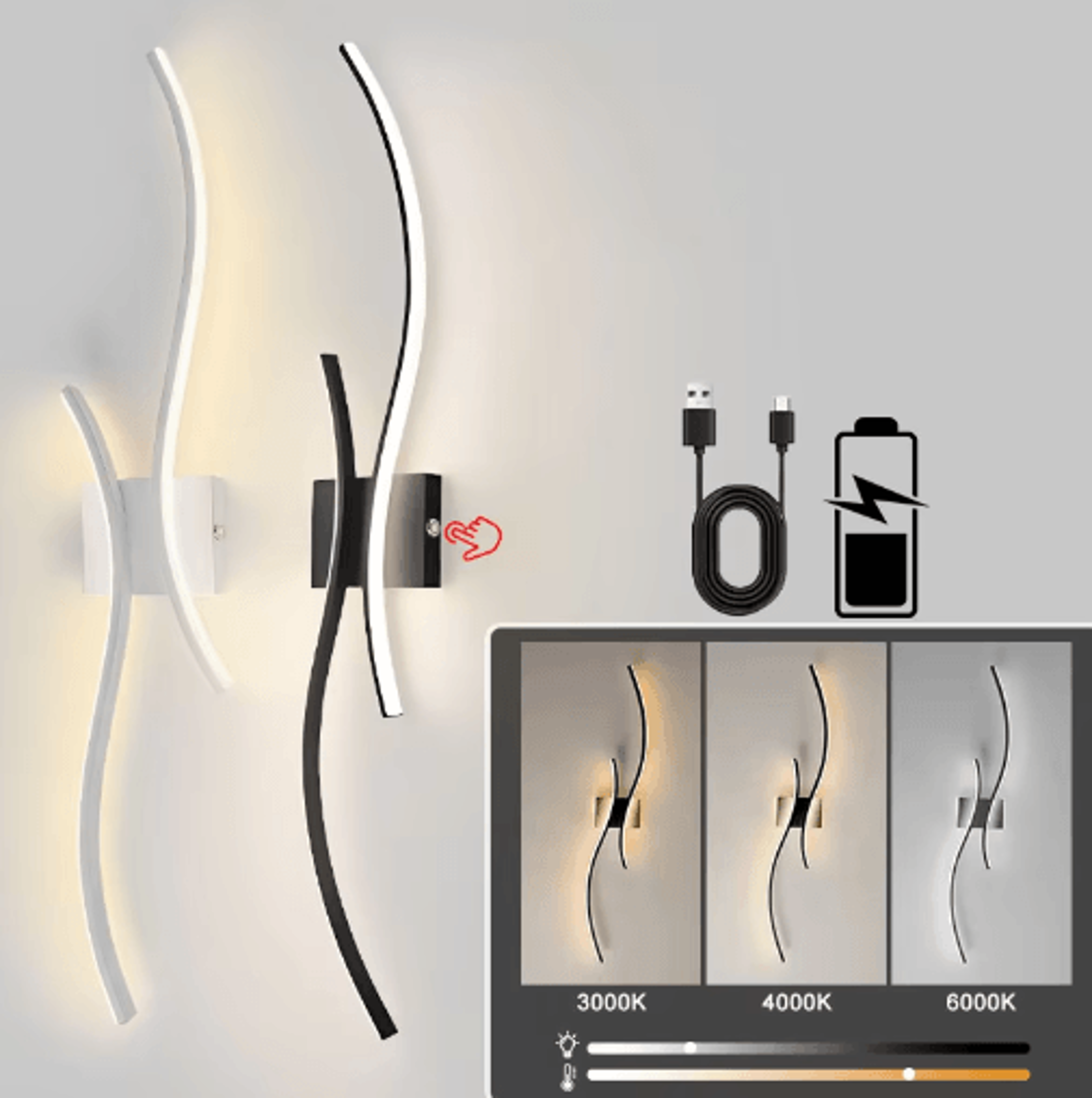 wireless rechargeable led wall sconce – 3cct touch dimmable wall light with remote control