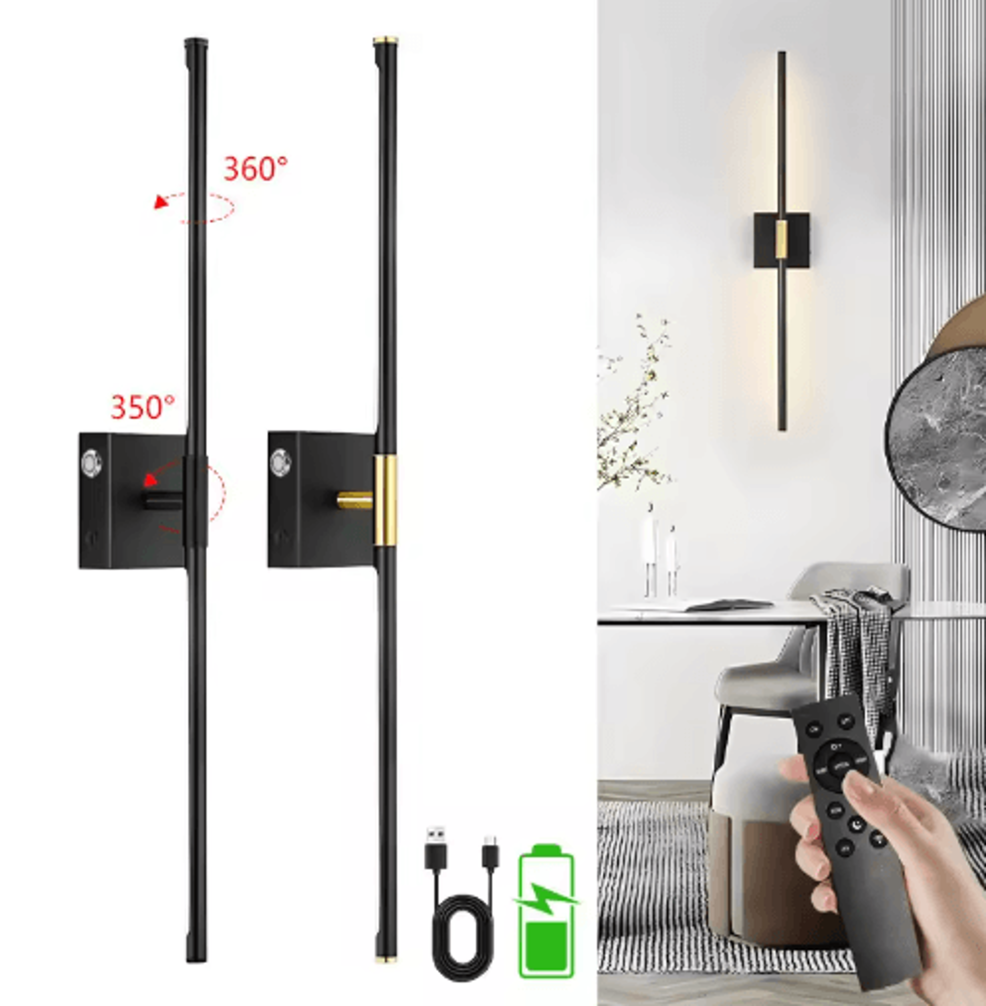360° rotatable rechargeable led wall sconce – 3cct touch dimmable wall light with remote control