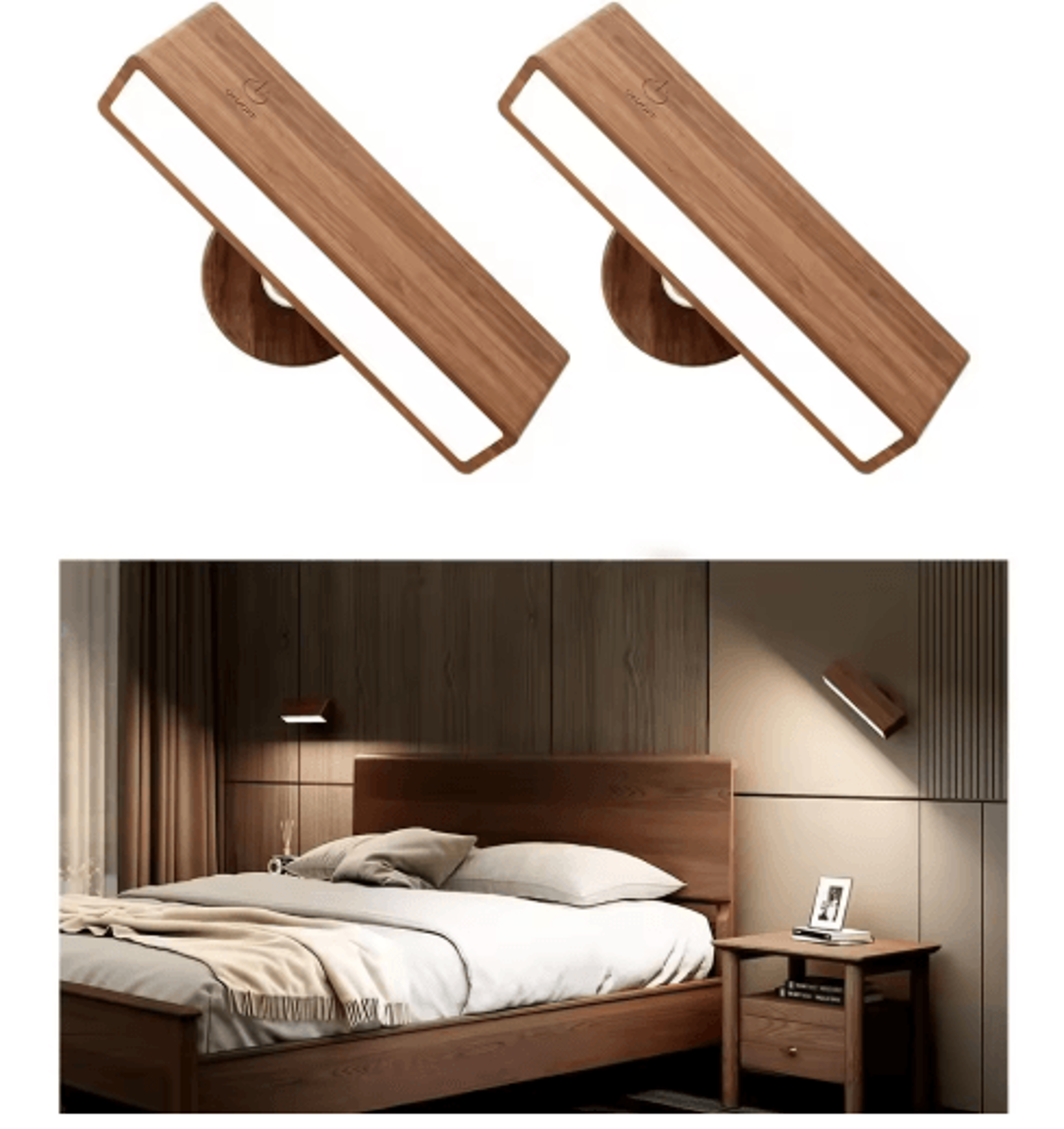 2-pack nordic solid wood led wall sconces – rechargeable 360° rotating dimmable touch reading lights