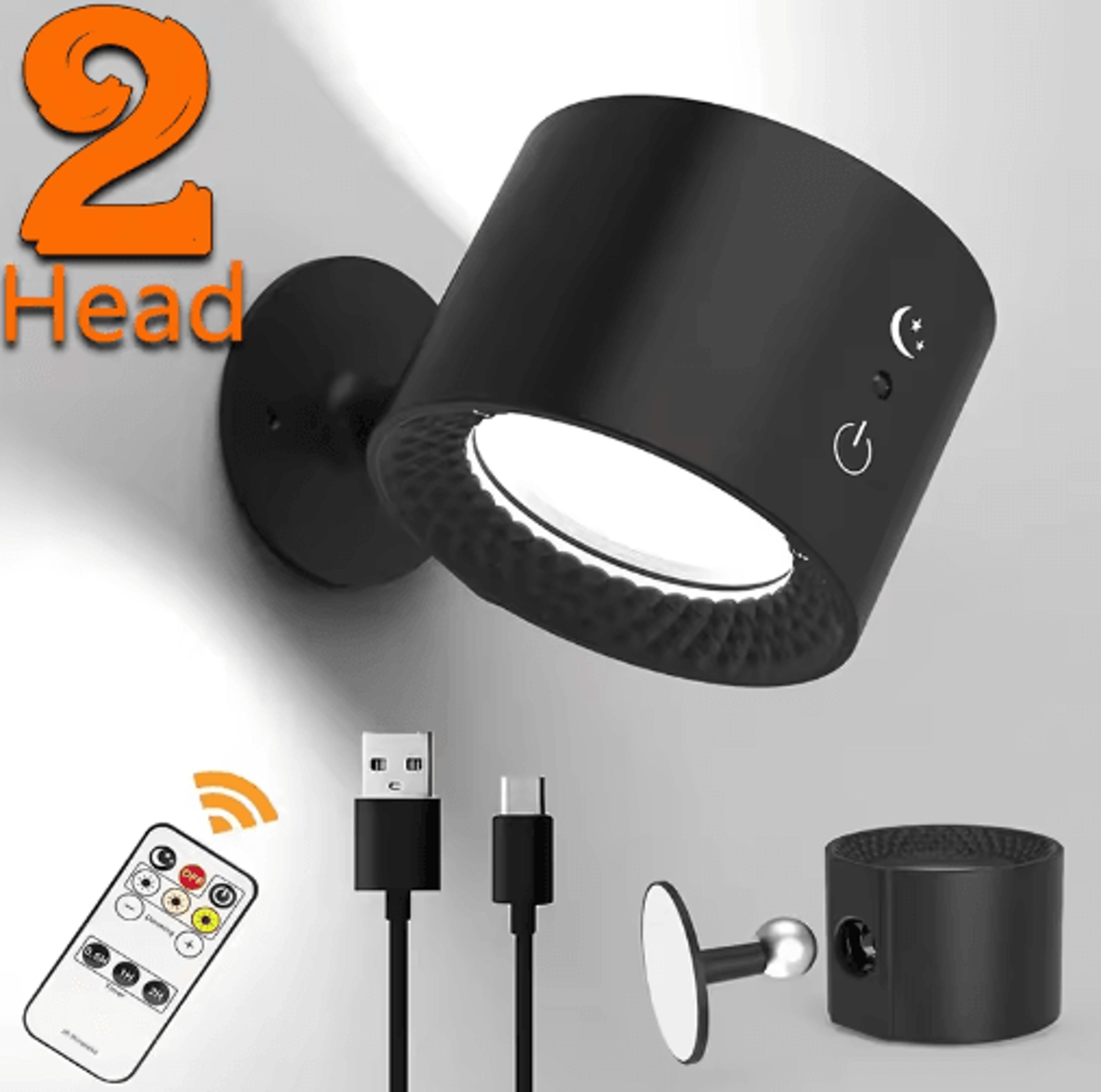 dual head magnetic led wall light – usb rechargeable 360° adjustable reading lamp with remote control