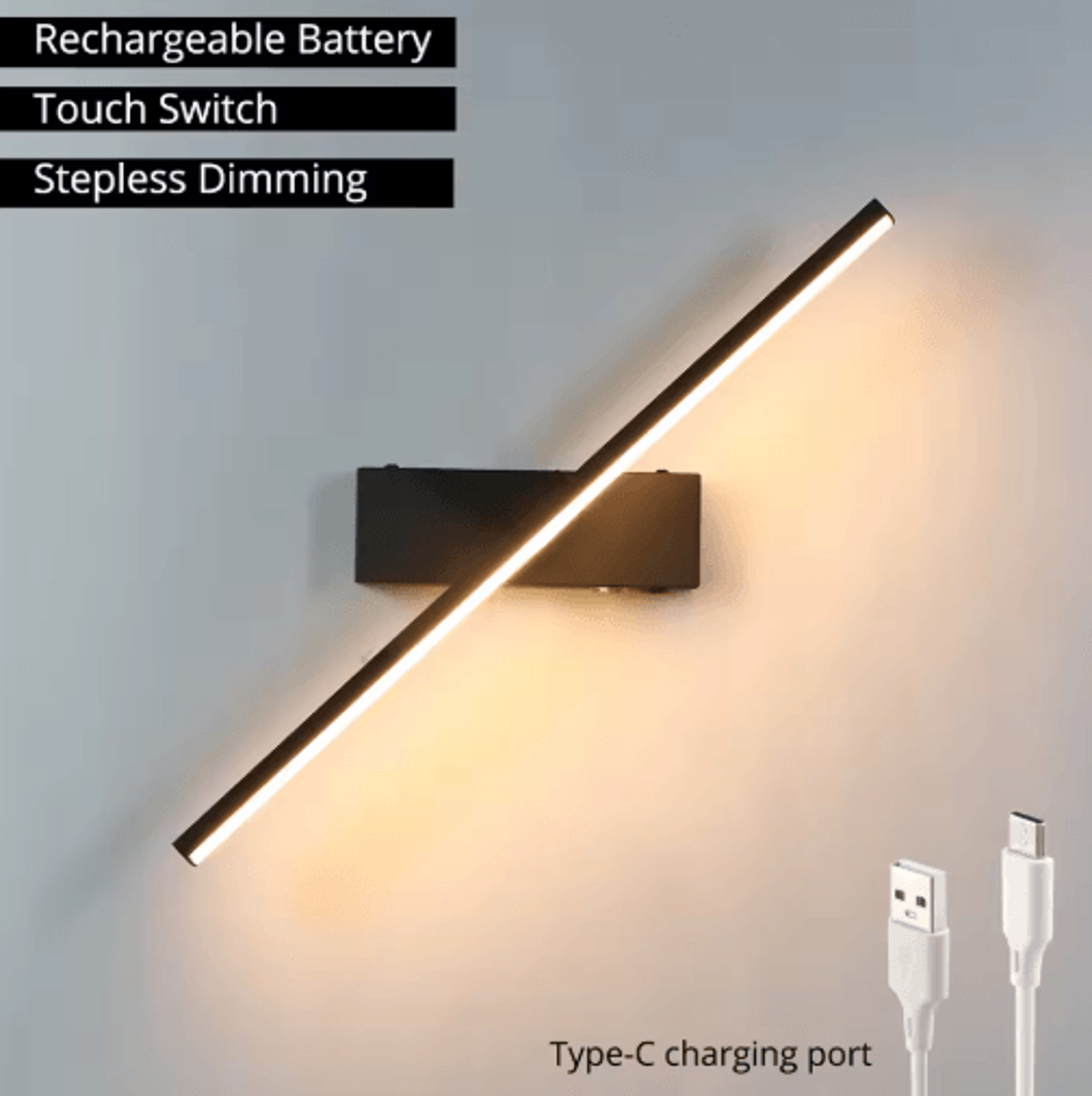 rechargeable led bedside wall lamp – type-c touch dimmable aluminum & iron night light