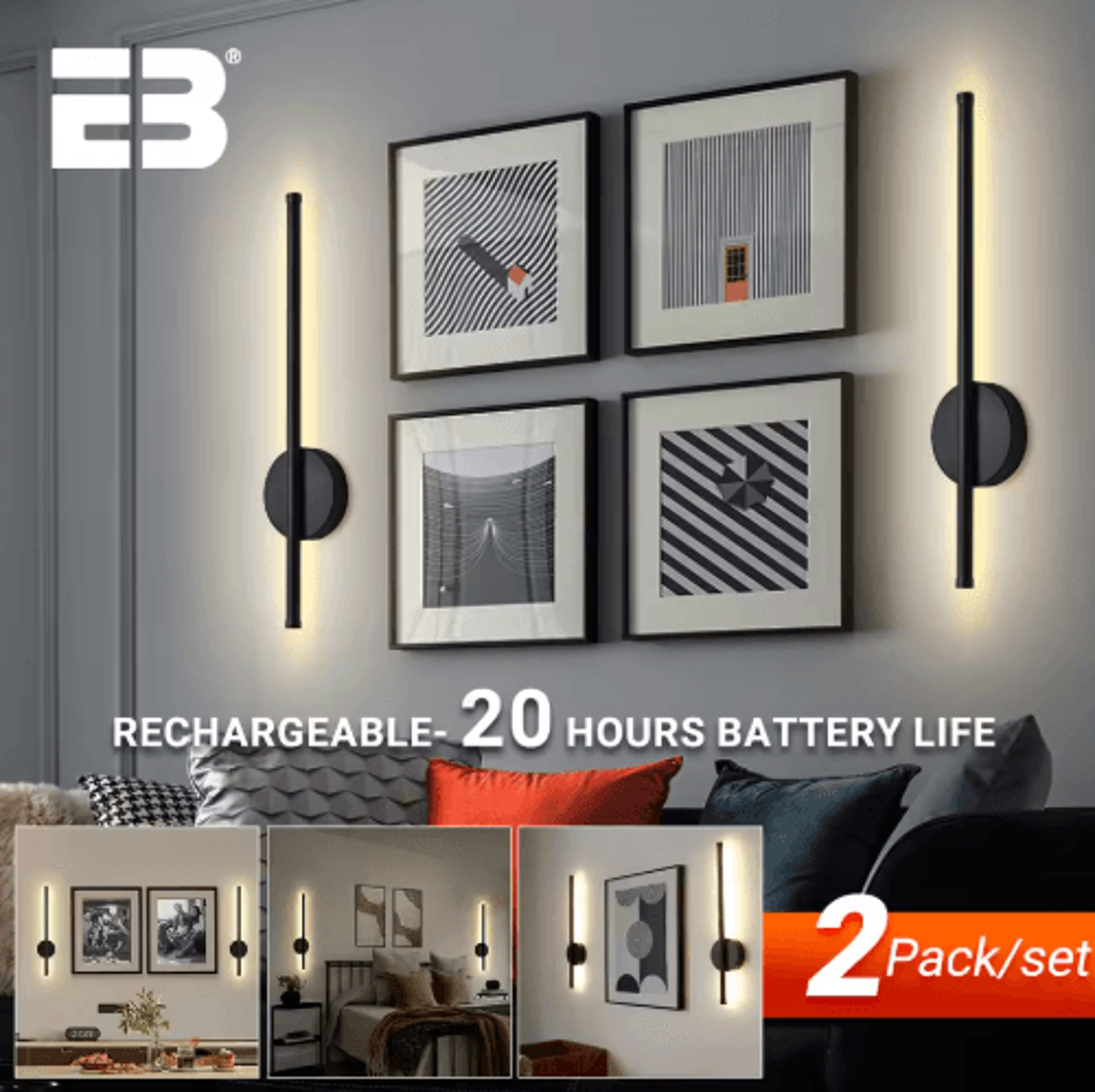 2-pack rechargeable led wall sconces – 50cm/80cm dimmable wireless lights with remote control