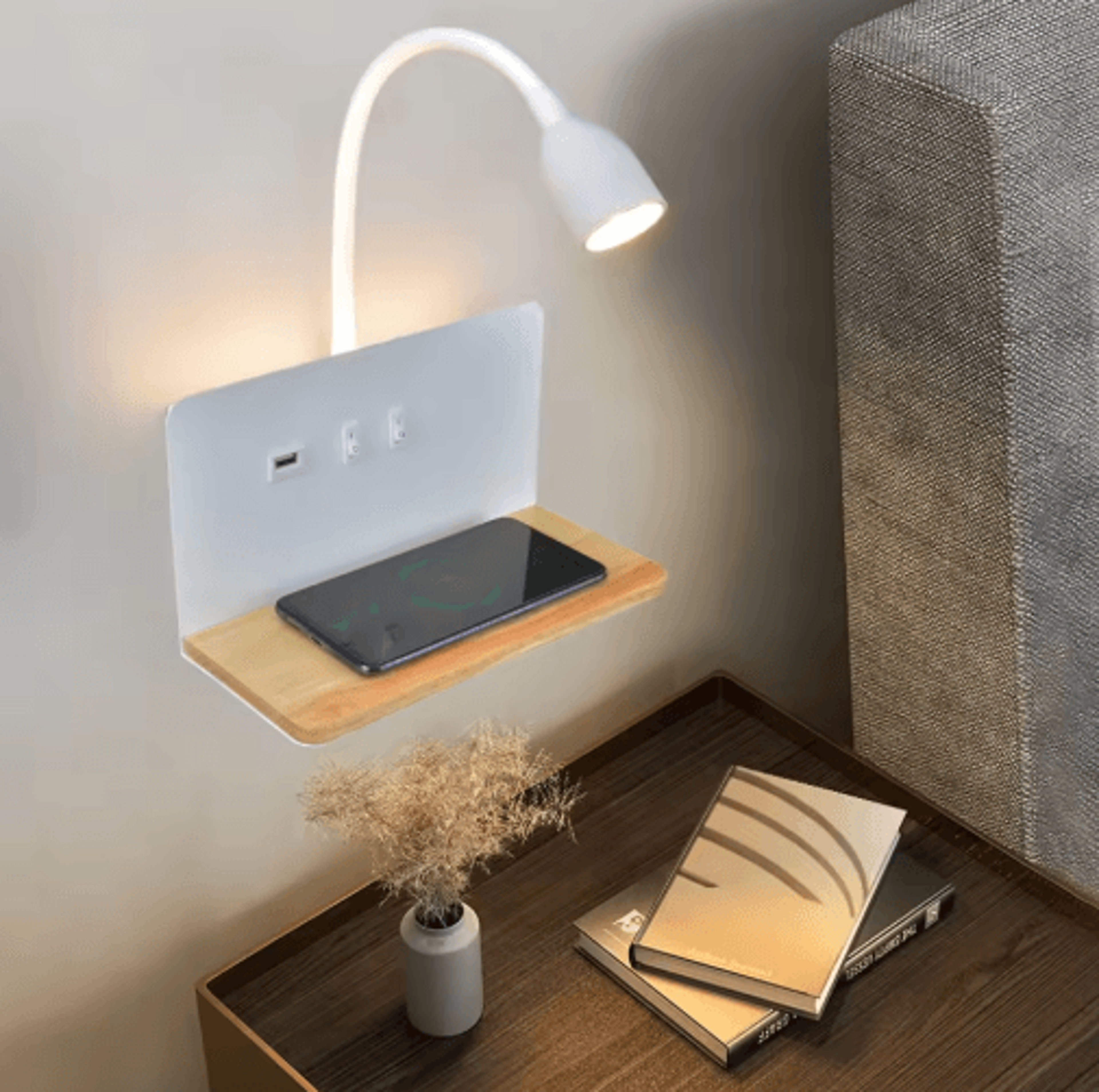 modern 360° rotatable led wall lamp – usb & wireless charging bedside night light with switch