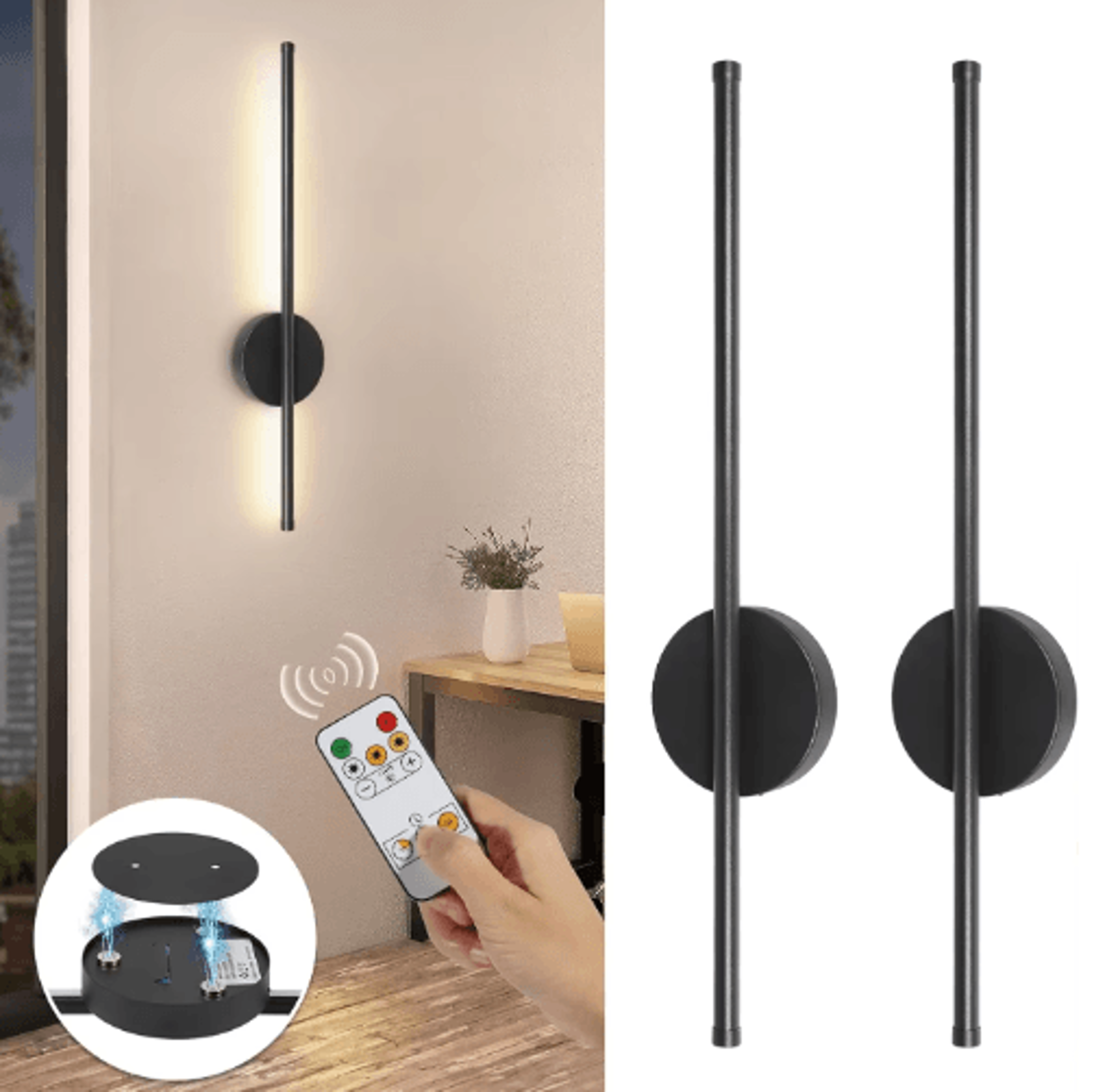 2-pack rechargeable black wall sconces – wireless battery operated dimmable led lamps with remote control