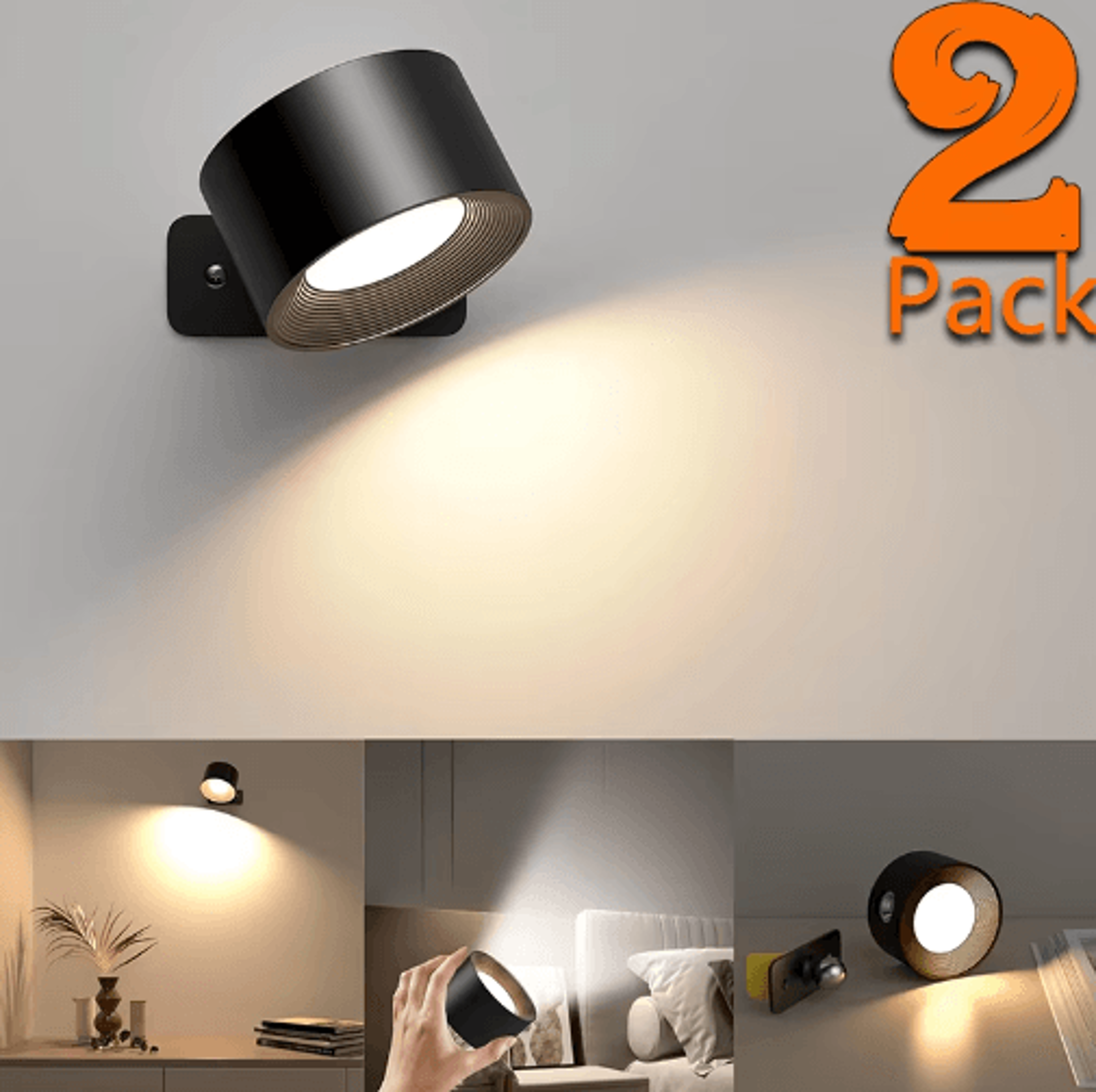 360° rotatable rechargeable led wall lamp – wireless touch & remote control reading night light